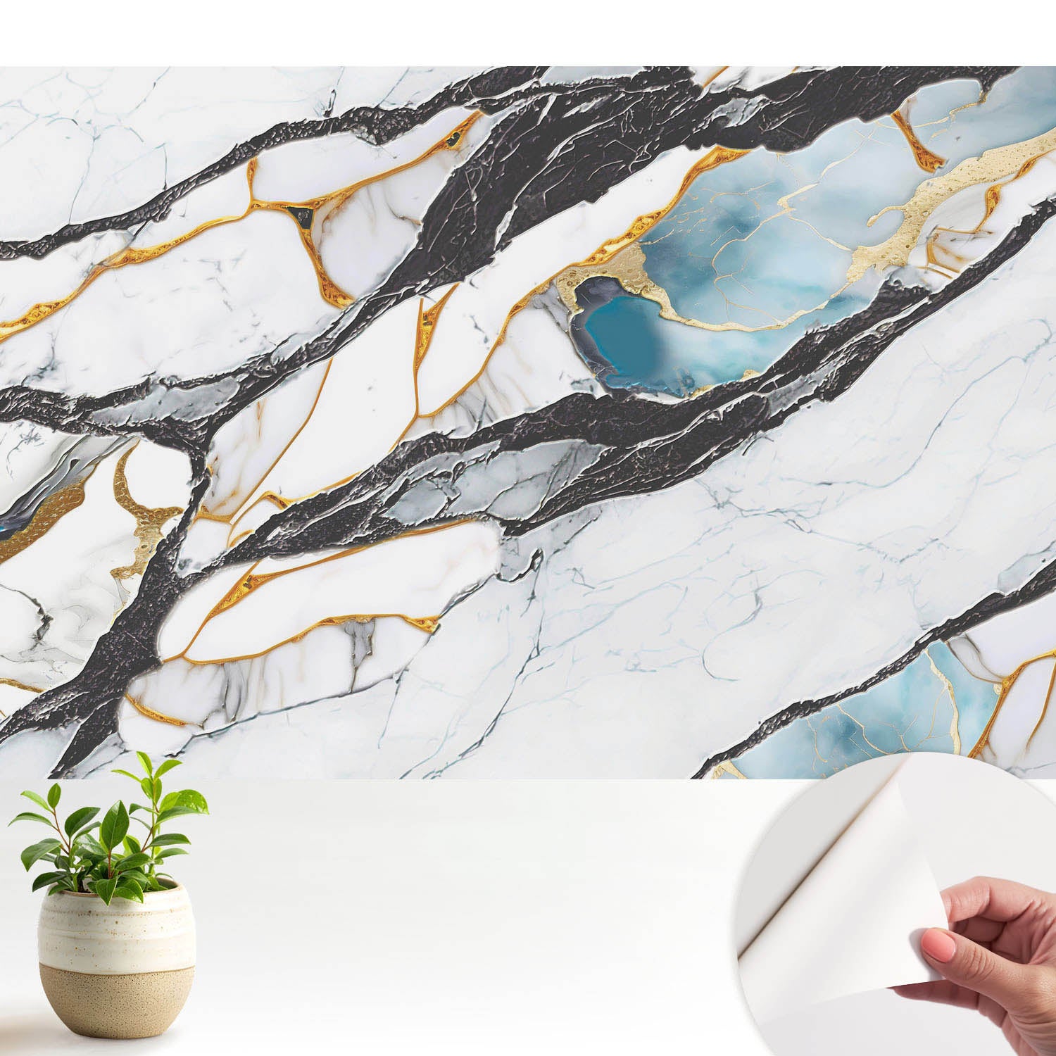 Tapeta samoprzylepna - nowoczesna stylowa elegancka wykończenie wysokiej jakości 104x70 cm - Marmur z czernią i błękitem TULUP