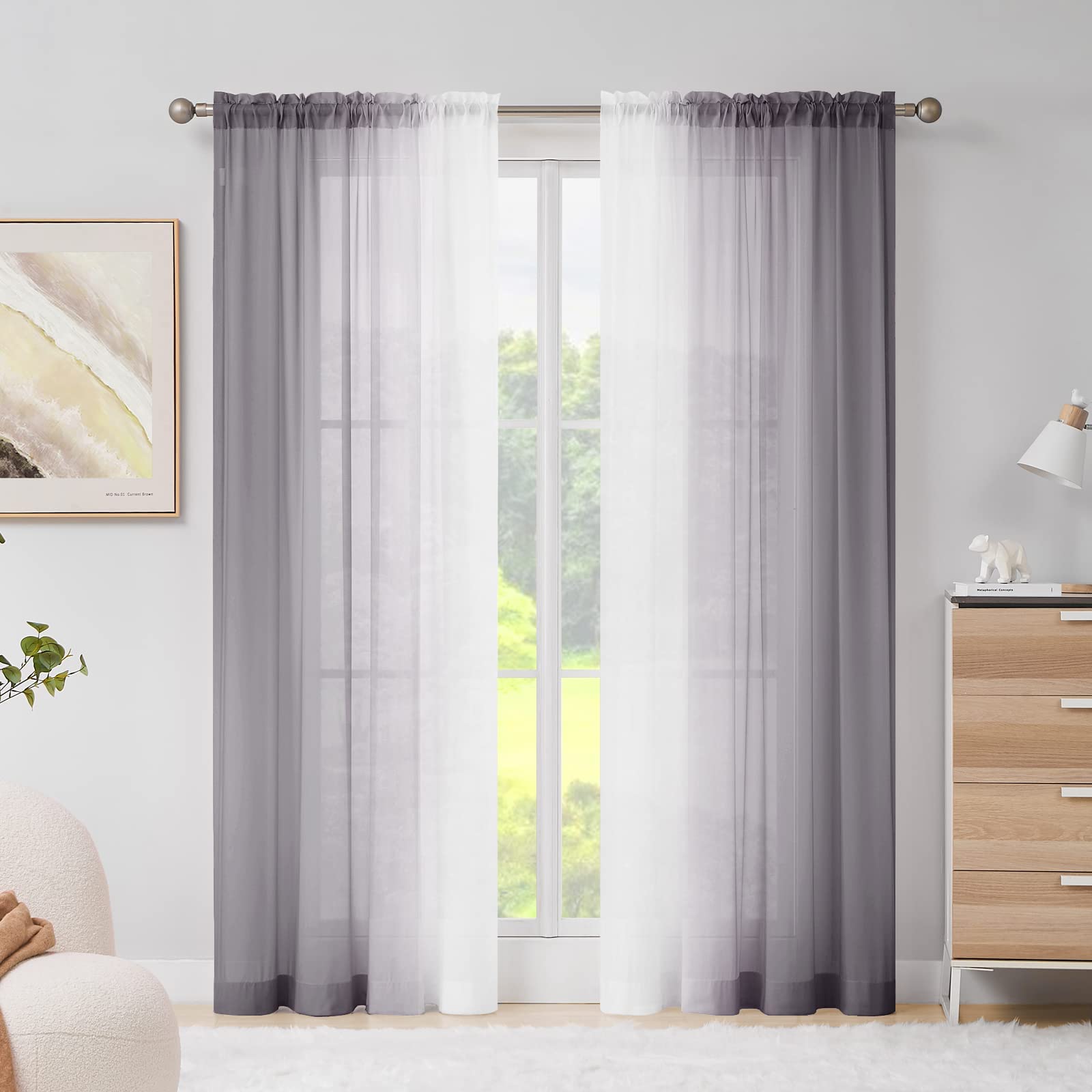 SHINELAND - Tende trasparenti lunghe 213 cm, per soggiorno/camera da letto, primaverili, effetto uncinetto, garza di lino, stile bohémien, set di 2 pannelli, verde salvia