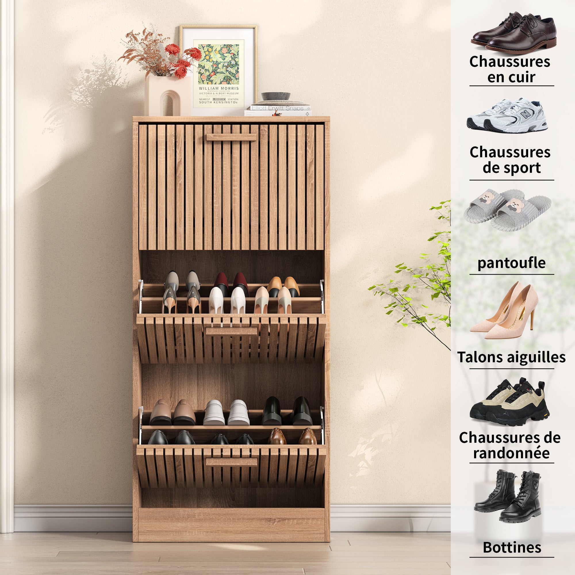 Meuble à Chaussures Entrée avec 3 Portes Abattantes, 24 Paires de Chaussure Armoire a Chaussures pour Entrée, Couloir, Bois - 5