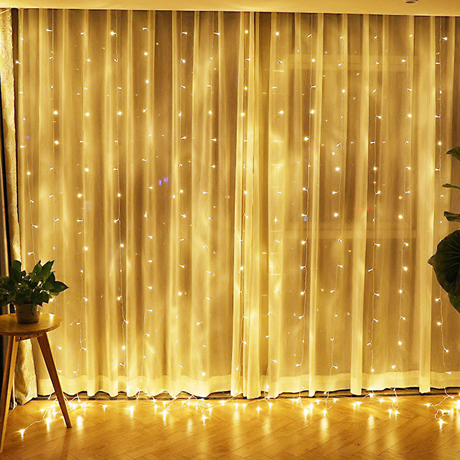 Luci per tende Catena Luminosa 3x3m, 300 LED Bianco Caldo 8 Modalità con Memoria, Timer Auto IP44, Collegabile per Interni ed Esterni 2 confezioni - 2