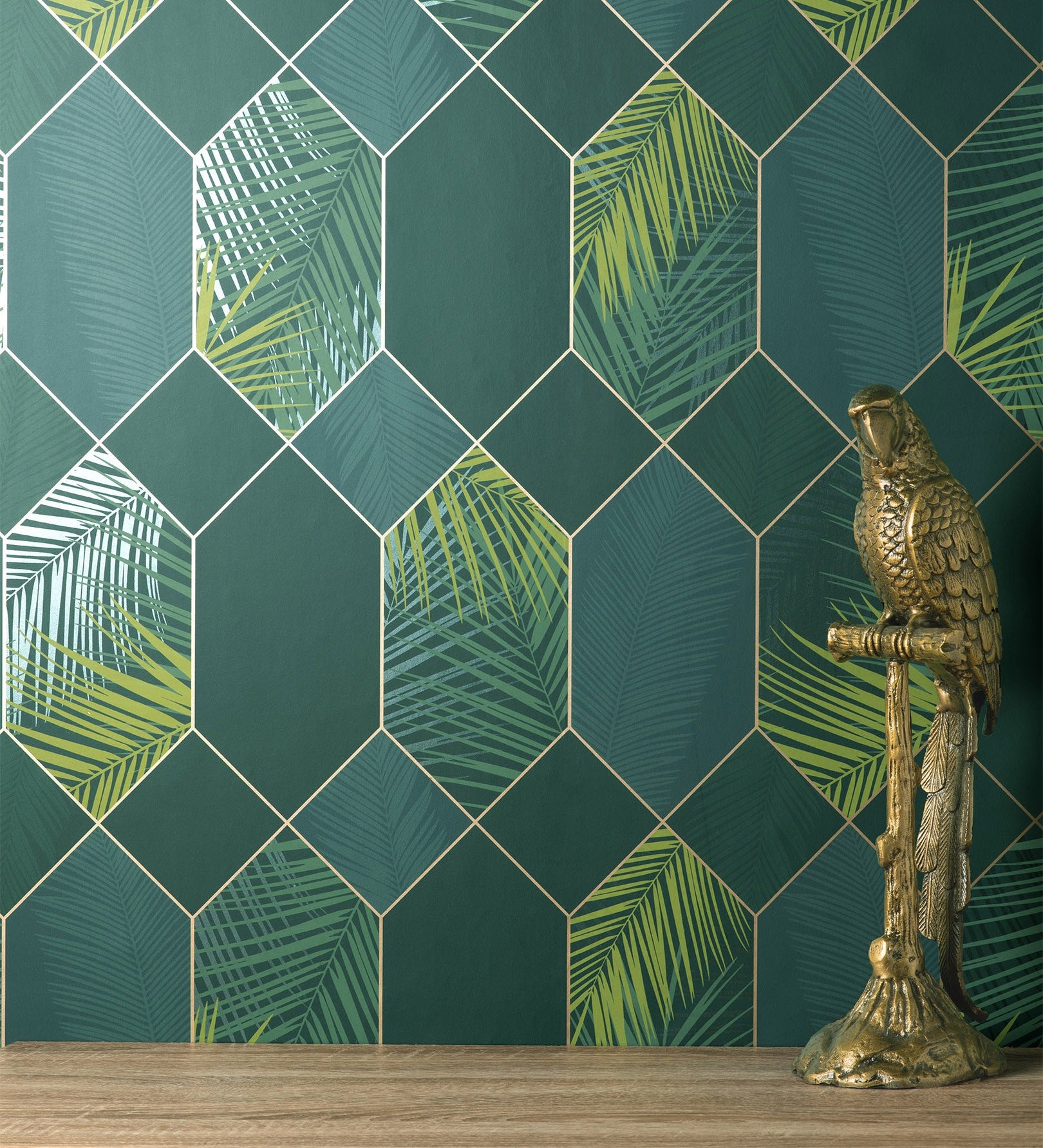 Papel pintado lavable geométrico panel hexagonal con hojas tropicales - tropical hive 681285 de gaulan - rollo de 10 m x 0,53 m