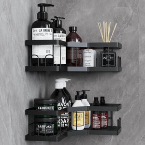 Set di 2 mensole doccia senza forare in alluminio nero opaco – con ganci, resistenti a ruggine e acqua per bagno moderno | MILUKA | Leroy Merlin