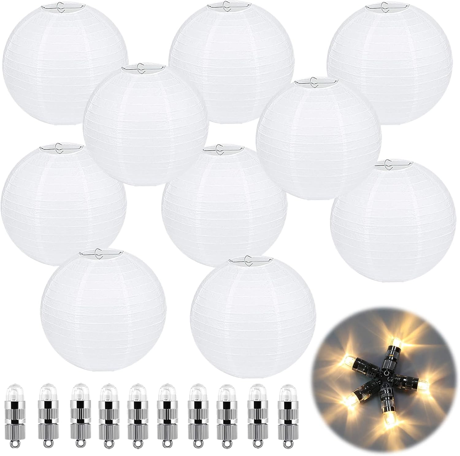 Zestaw 10 białych, okrągłych papierowych lampionów do zawieszenia z metalową wstążką i papierowym abażurem, 20 cm