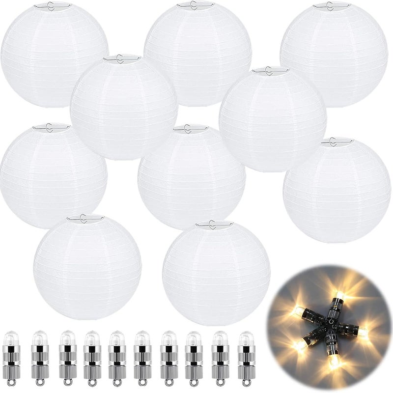 Zestaw 10 białych, okrągłych papierowych lampionów do zawieszenia z metalową wstążką i papierowym abażurem, 20 cm