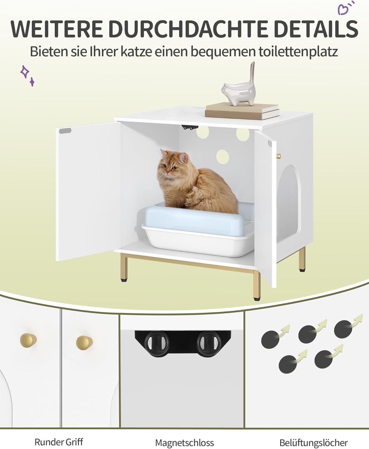 Armário Oculto para Caixa de Areia, Mesa de Apoio em Madeira para Animais de Estimação, Banco com Arrumação – Branco e Dourado - 4