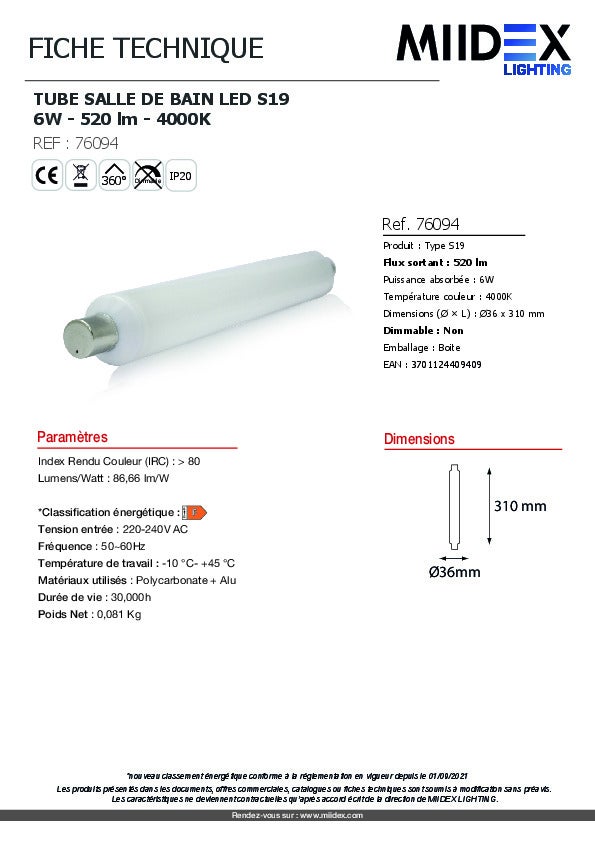 Tube LED S19 Salle de Bain – 6W – 4000K – 650lm – 36x310mm - 7