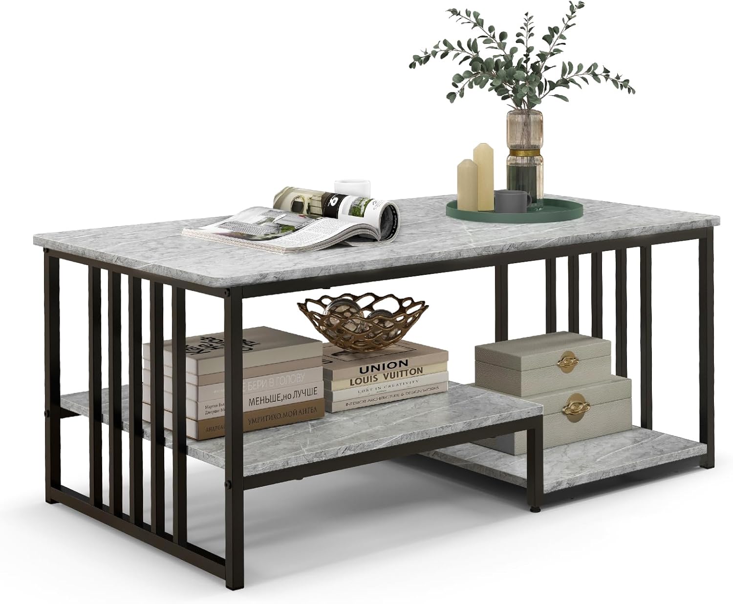 Stolik Kawowy z 2 Poziomami, Imitacja Marmuru – 110 × 60 × 45 cm, Obciążenie 50 kg + 20 kg – Blat i Otwarta Półka – Styl Nowoczesny