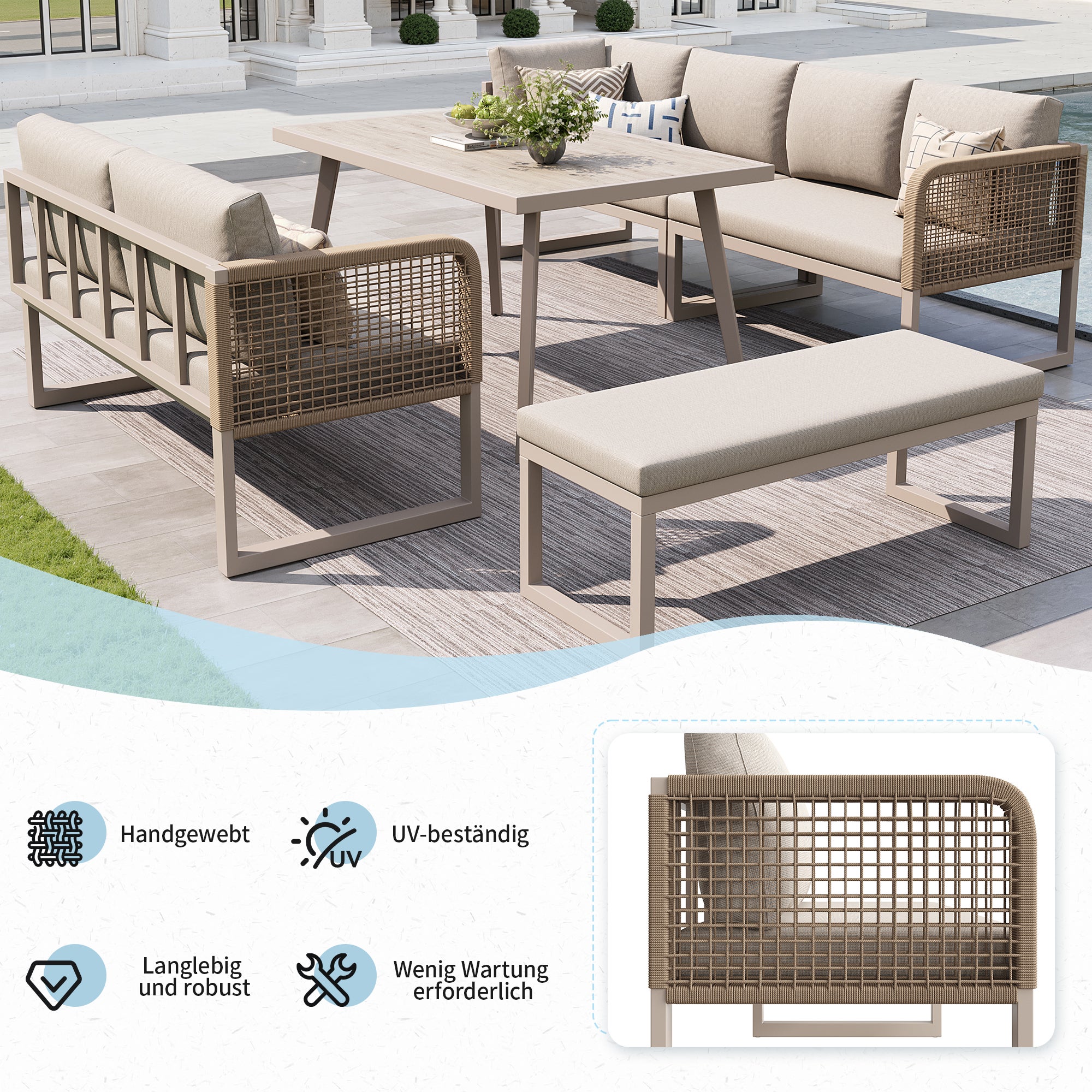 Salon de Jardin d'extérieur 6-8 places,Avec coussin d'assise et dossier,Rotin PE tissé à la main,Canapé de jardin résistants aux intempéries,Beige - 6
