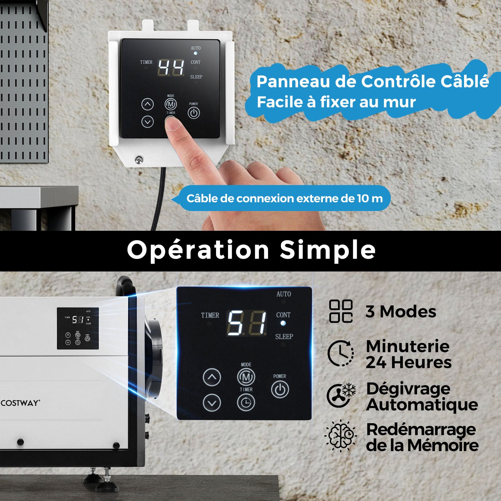 Déshumidificateur d'Air 58,5/Jour Jusqu'à 80m² avec 3 Modes, Minuterie de 24&nbsp;H, Tuyau de Vidange, Dégivrage Automatique, pour Sous-Sol, Blanc - 8