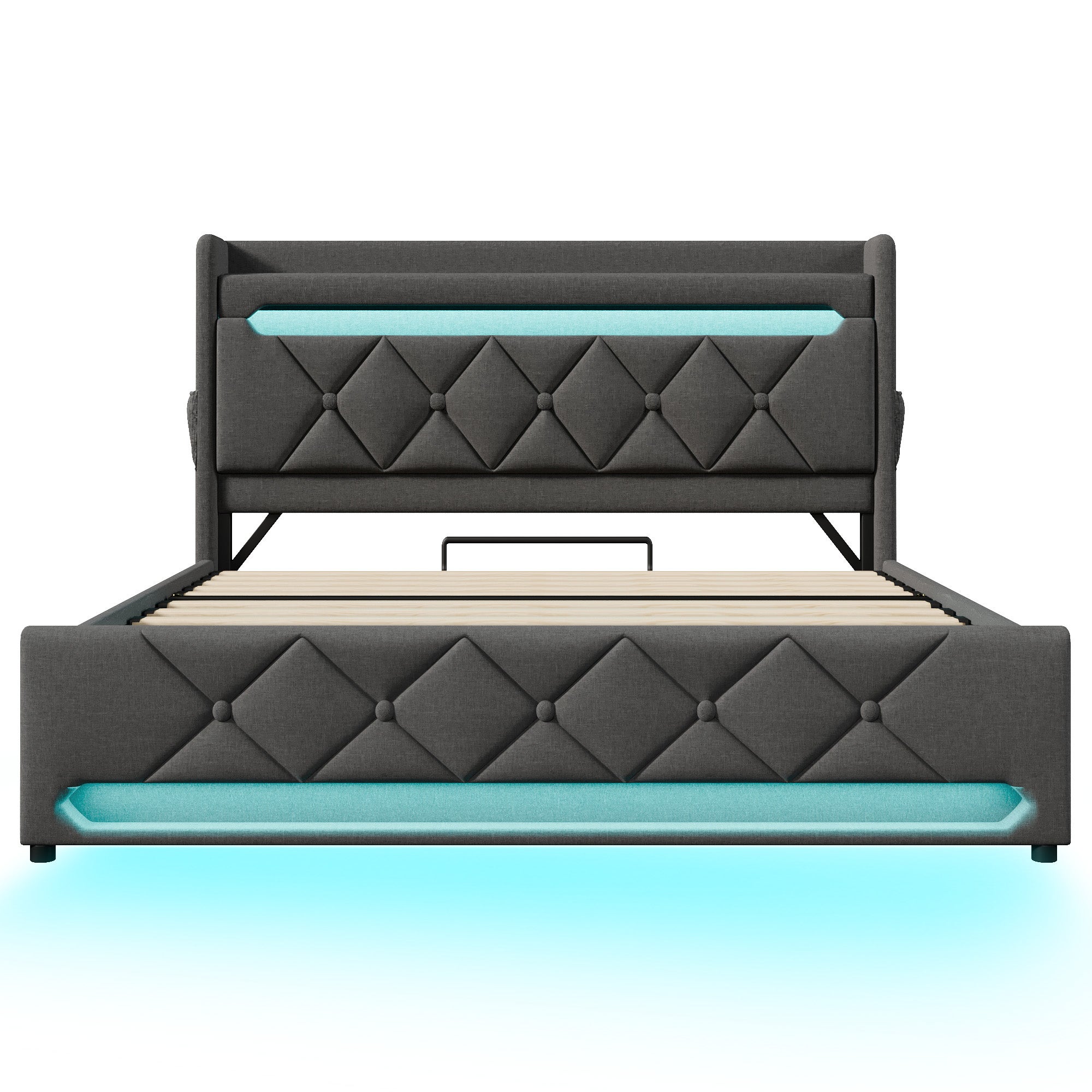 Cama tapizada con almacenamiento 160x200 cm - con LED y puertos USB de carga - tejido de lino - cabecero con espacio de almacenamiento - Gris - 7