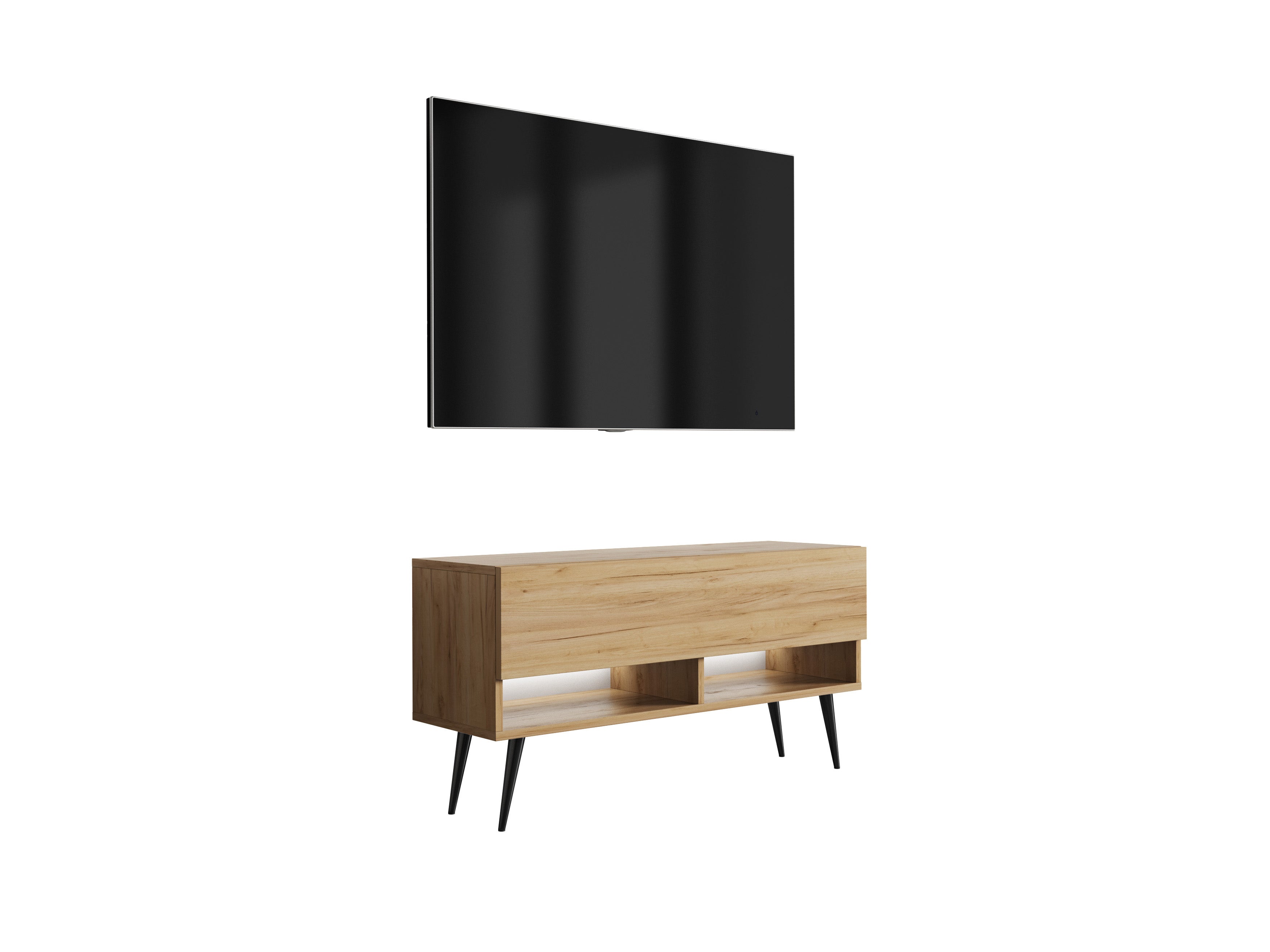Szafka RTV : Dąb Craft, nóżki pochyłe czarne, LED biały, 100 × 32 × 52 cm