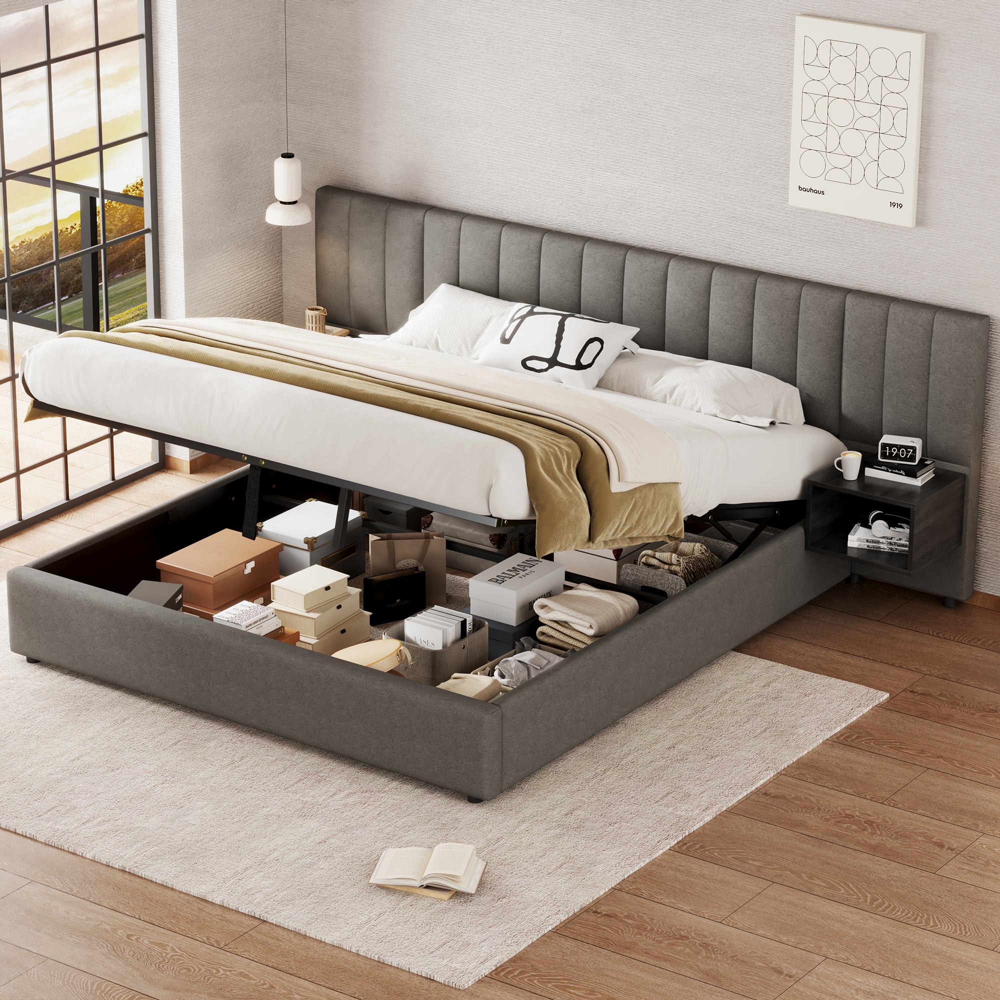 Cama contenedor 180 x 200 cm con cabecero grande y 2 mesitas de noche - Tela de lino - Gris + negro (sin colchón) - 3