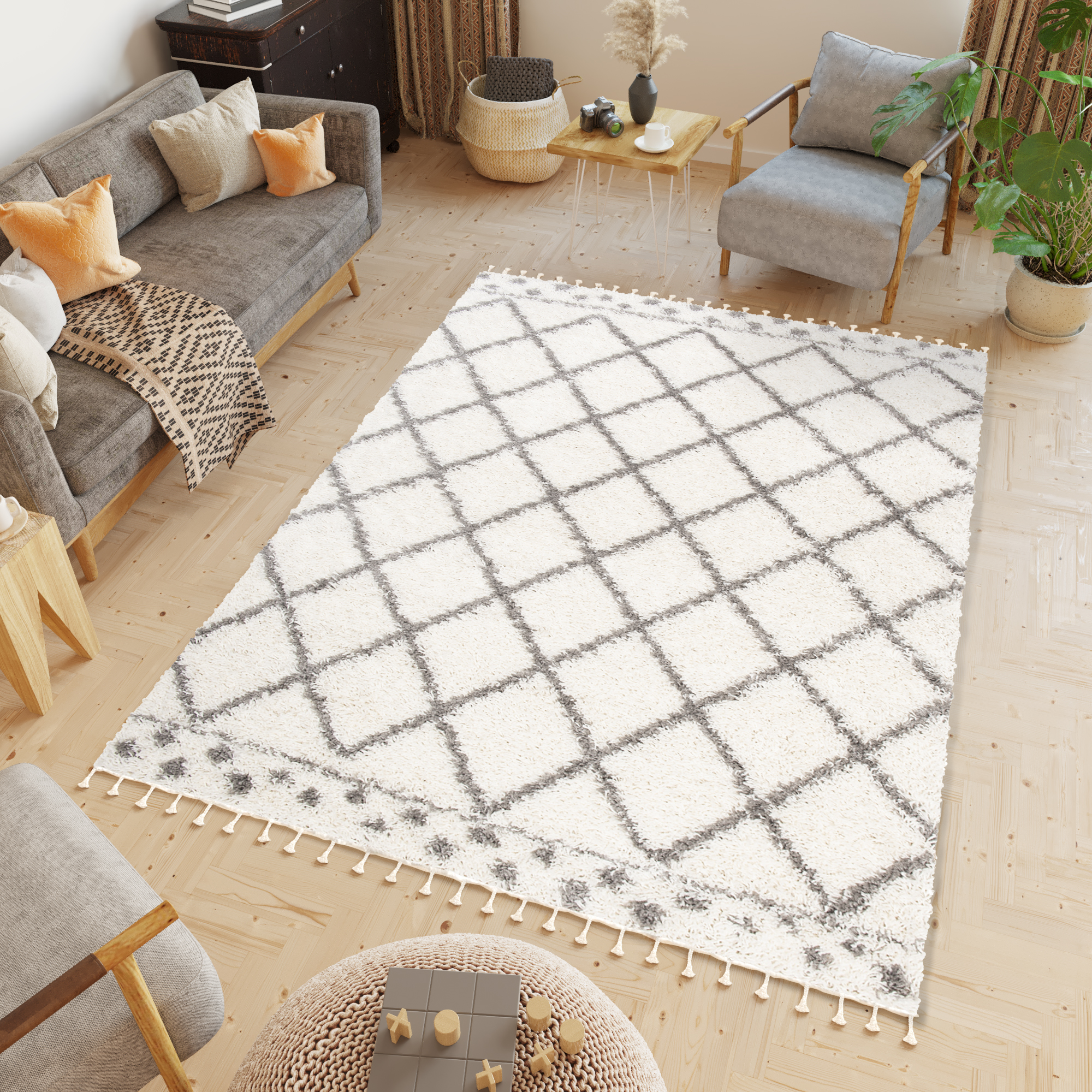 Tapiso boho alfombra salon sala crema gris cuadros borlas trenzas shaggy gorda 120 x 170 cm