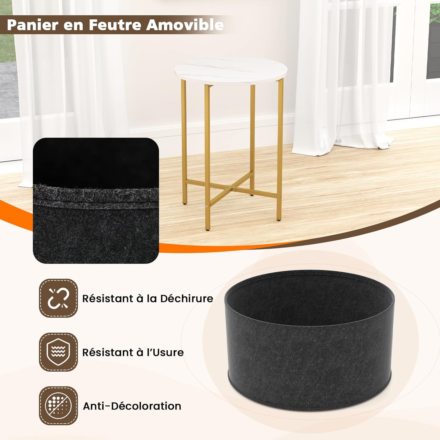 Tavolino Rotondo per Piccoli Spazi, Tavolino a 2 Ripiani con Cestino in Tessuto Rimovibile e Struttura in Metallo, Tavolino da Salotto, Camera - 5