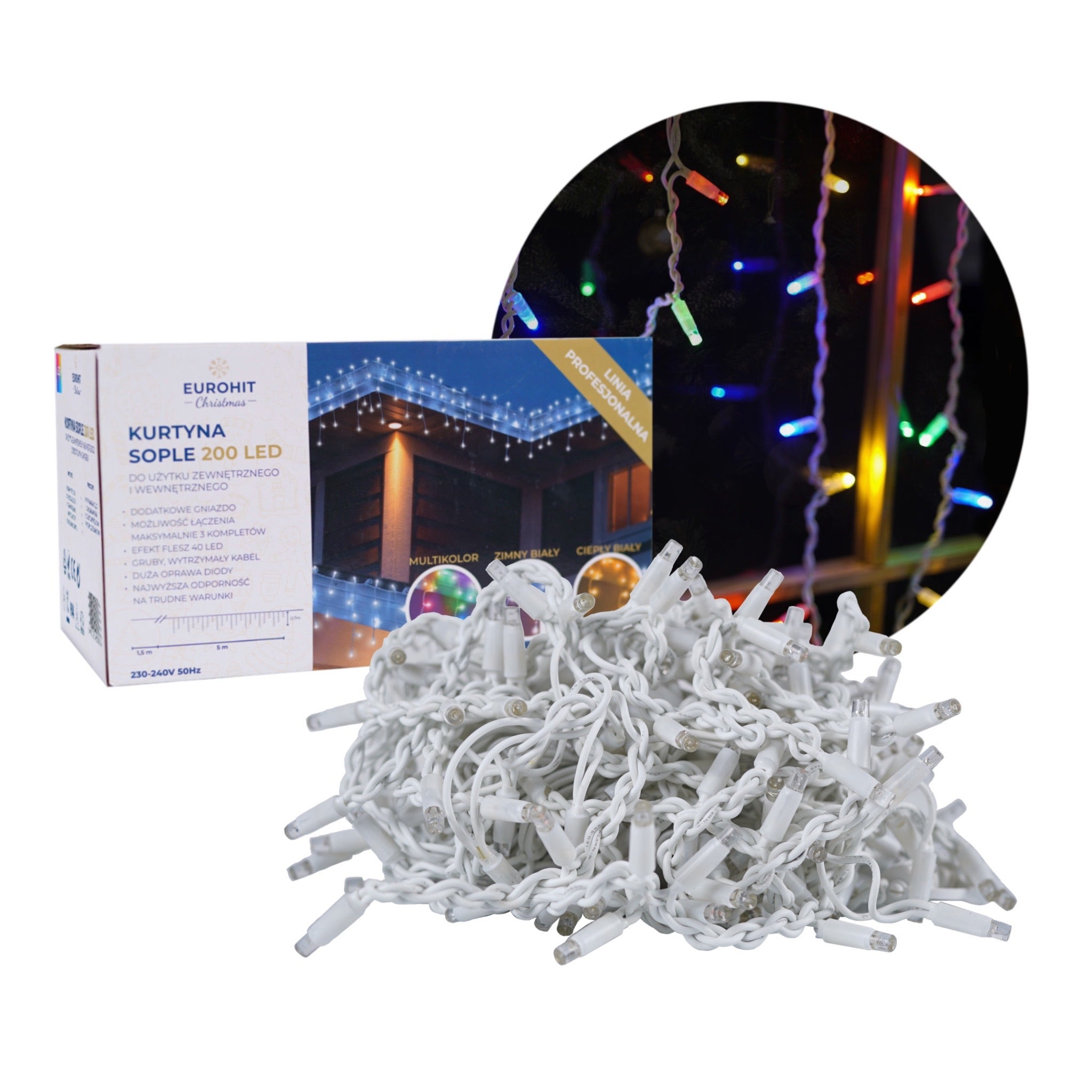 Lampki Choinkowe Sople 200 LED Premium Multikolor zewn. i wewn. z dod. gniazdem Corciano