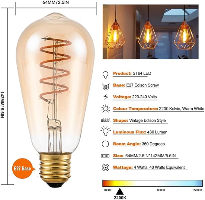 Ampoule LED Vintage Edison E27 - Verre Ambré, Style Rétro, Culot Vis, Équivalent 40W, 2200K, 3 Pièces [Classe F] - 2