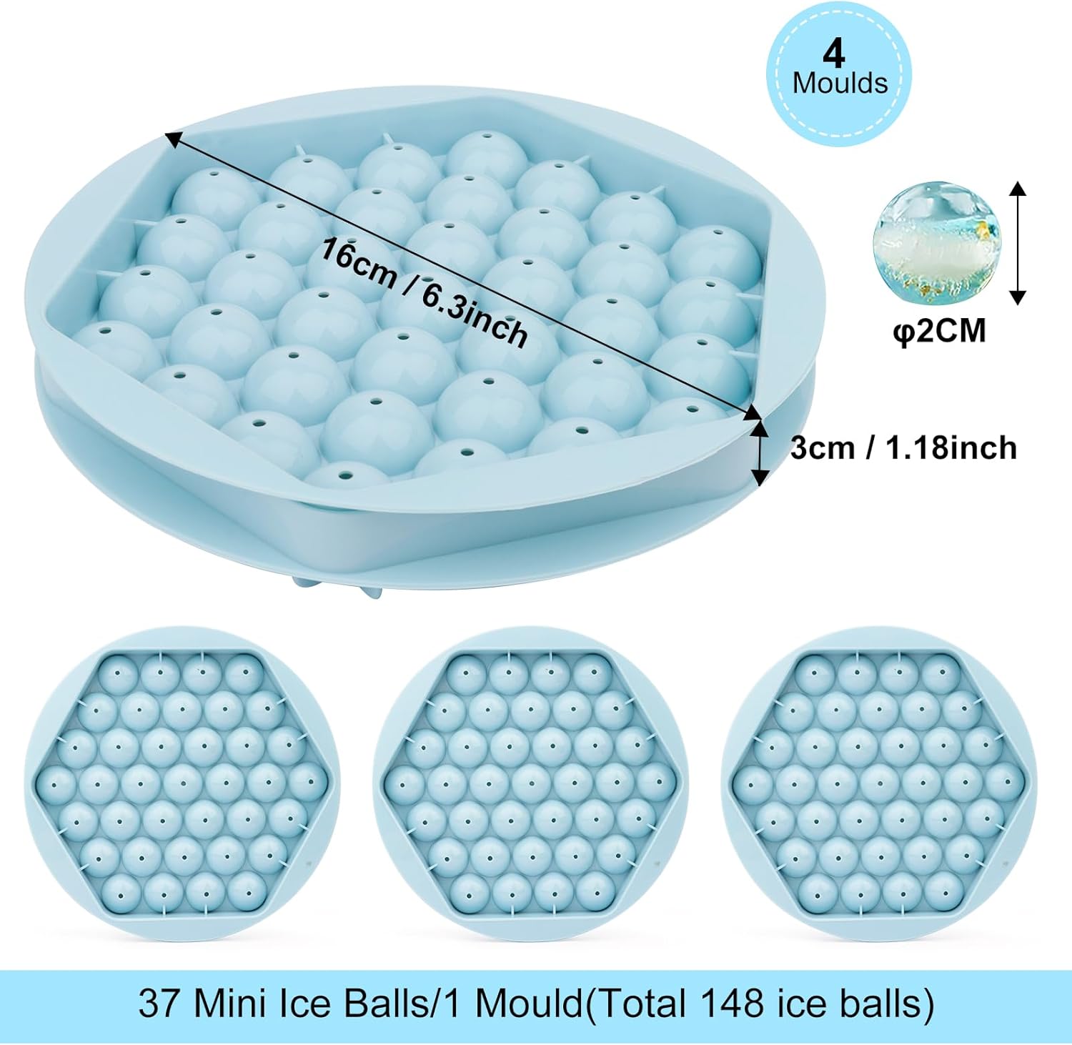 Lot De 2 Moules à Glaçons Silicone Avec Couvercle - Glaçons Ronds Et Carrés 5 Cm - Sans BPA, Passe Lave-Vaisselle - 8