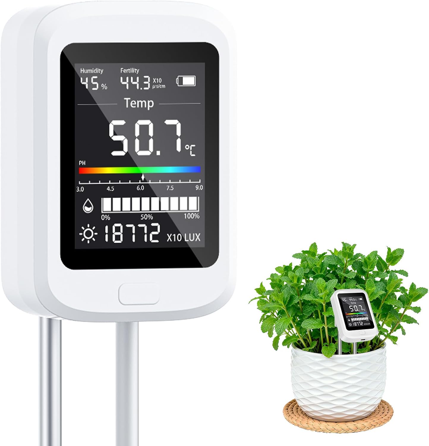 Tester de sol reîncărcabil 6 în 1, ecran LCD color, sondă dublă, măsoară pH-ul, temperatura, umiditatea și lumina, ecran reglabil la 90°.