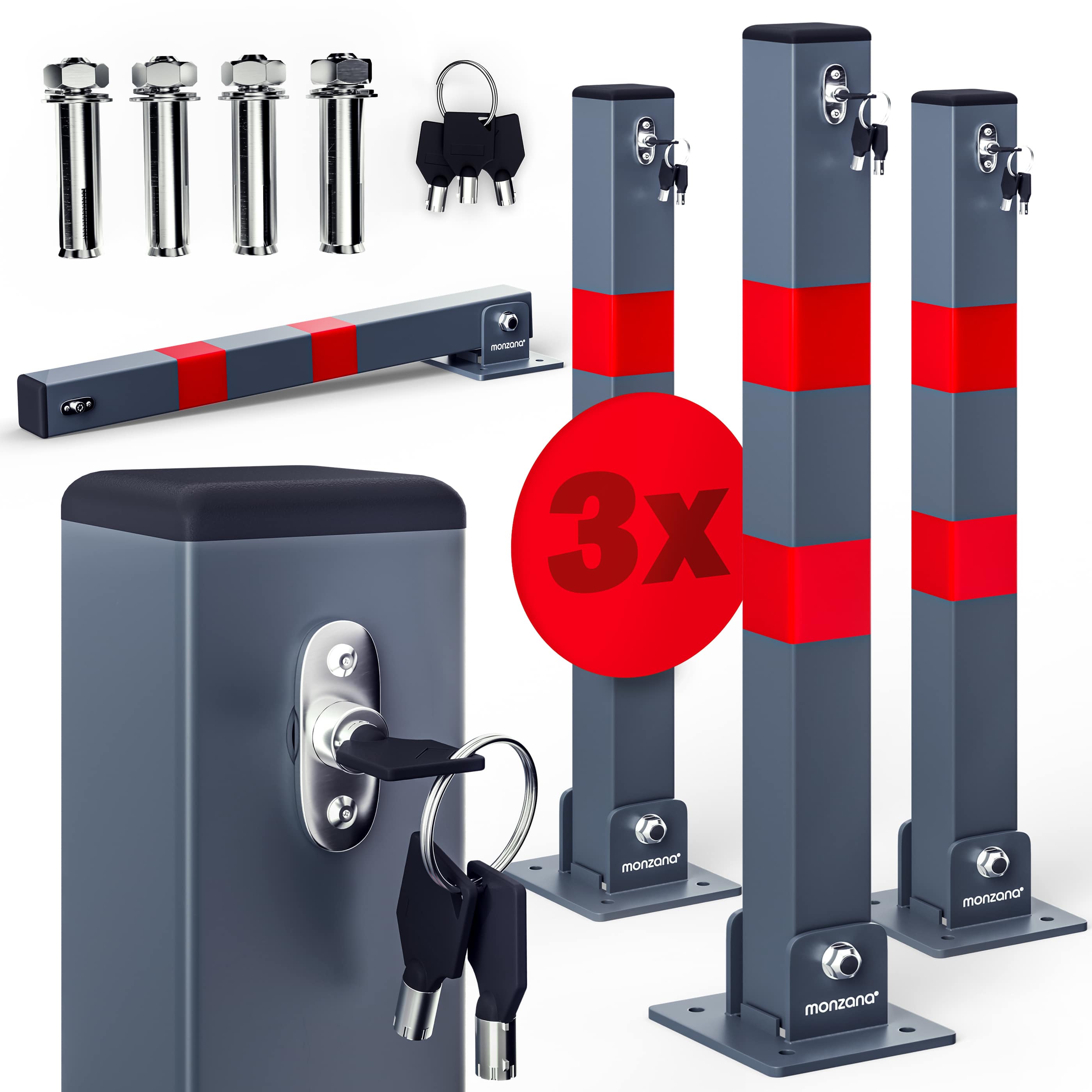 Lot 3 Poteaux De Stationnement Pliable Verrouillable Avec 3 Clés - Acier Bandes Réfléchissantes