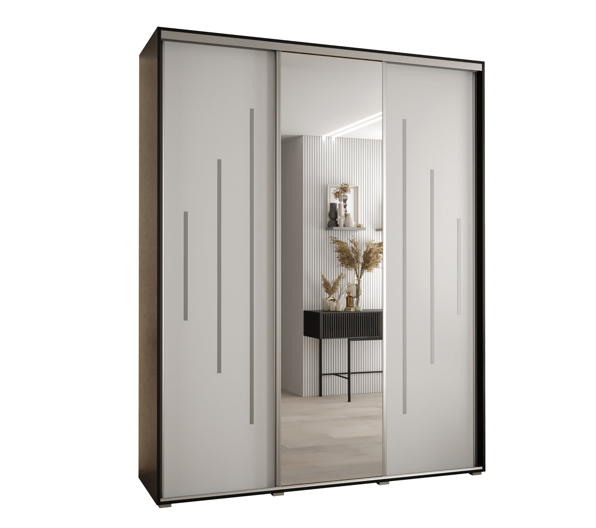 Szafa przesuwna z lustrem wysoka Davos 13 200 x 45 x 235,2 cm czarny + biały + u. srebrny - Abiks Meble