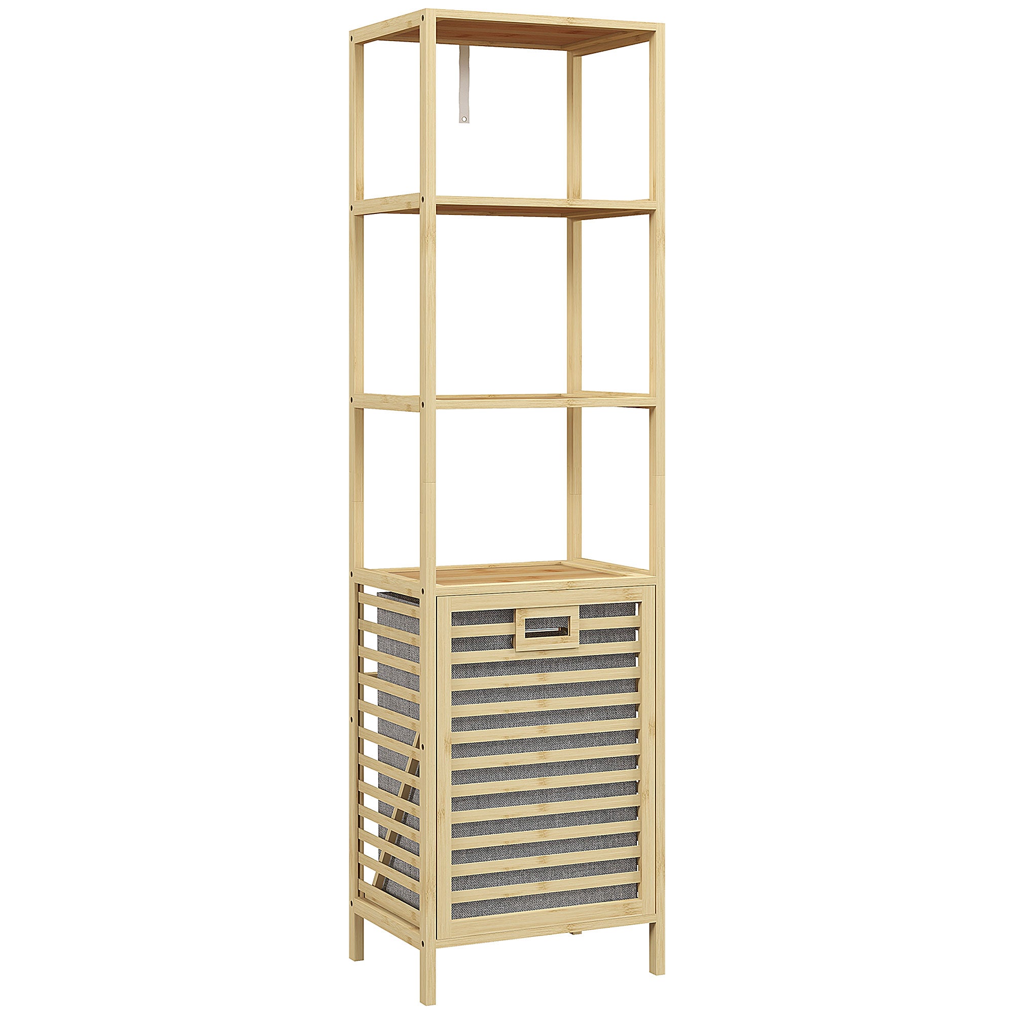 Étagère de salle de bain en bamboo, 44 x 33 x 160 cm, peu encombrante, con 3 étagères ouverts, panier coulissant in tissu, protección anti-basculement