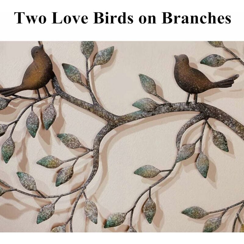 Oiseau Mural Art déco, Une Paire d'oiseaux d'amour sur Les Branches, Sculpture Murale en métal à Suspendre, décoration Murale en Fer forgé rétro,58x48 - 4