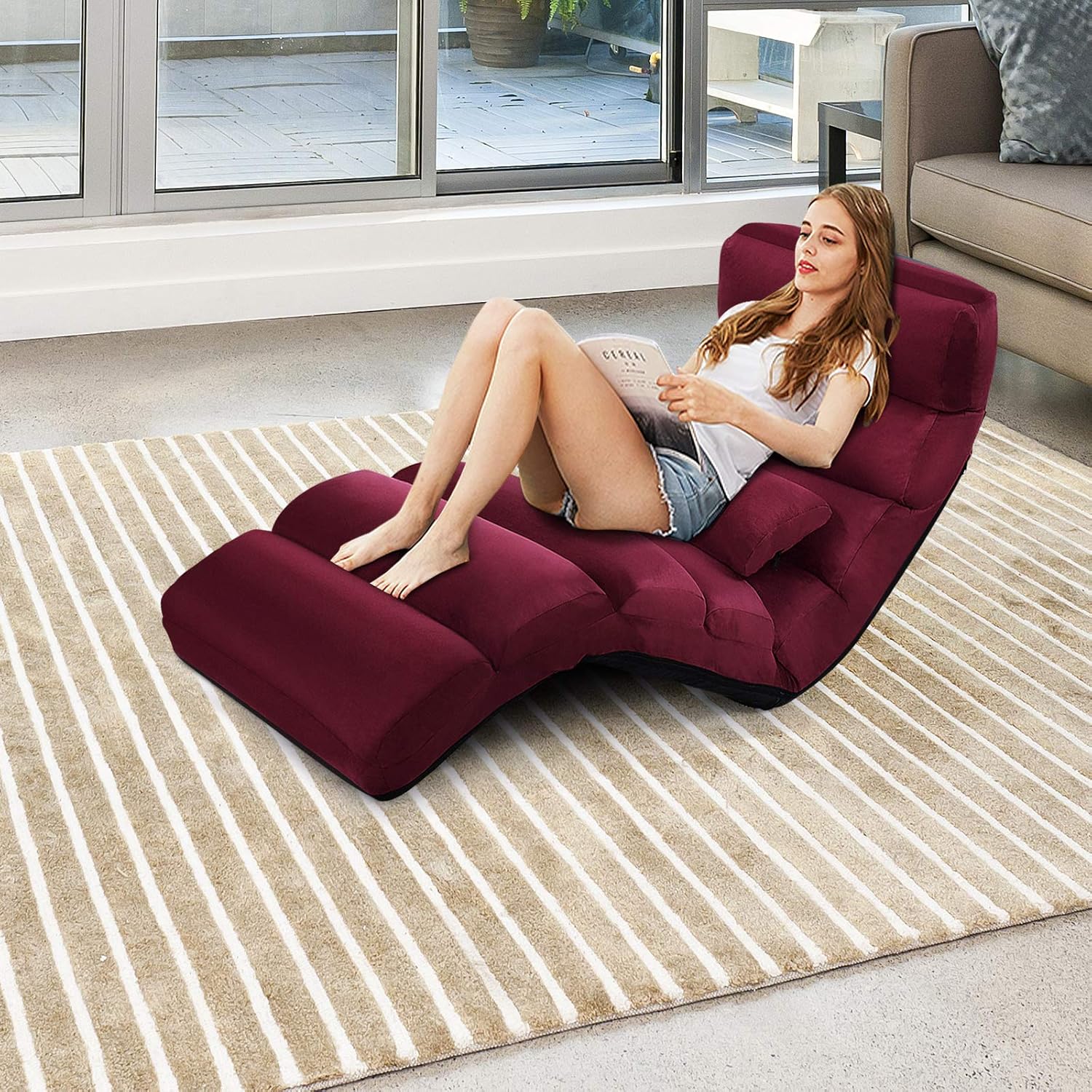 Fauteuil de Sol avec Dossier Inclinable Réglable sur 5 Niveaux,avec Cadre en Fer et Coussin Chaise, pour Salon/Chambre 175x55x20CM (Rouge) - 7