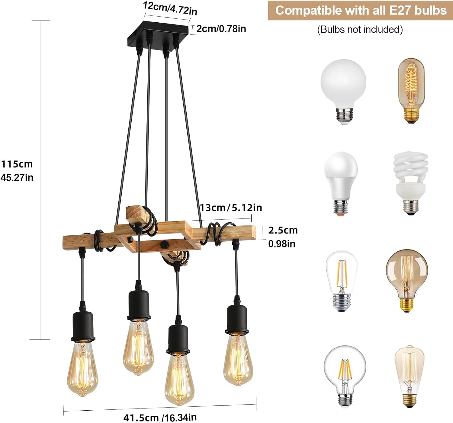COMELY Suspension Industrielle Bois et Noir 4 Lumières E27, Lustre Vintage Réglable en Hauteur pour Salon Salle à Manger Cuisine - 3