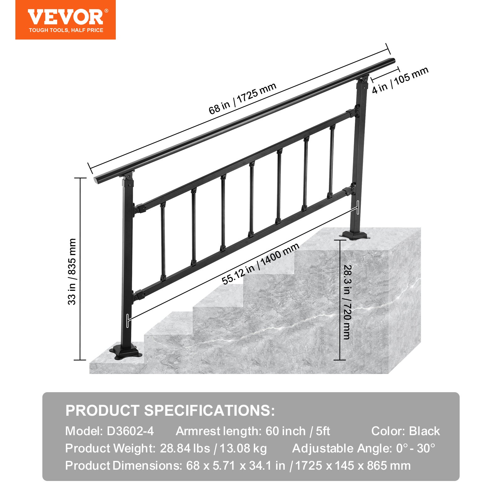 Main Courante Escalier VEVOR Fer Forgé Rampe Escalier 1-4 Marches Garde-Corps Extérieur 83,5x172,5 cm Rambarde Réglable 0-50° Barres Kit Installation - 7
