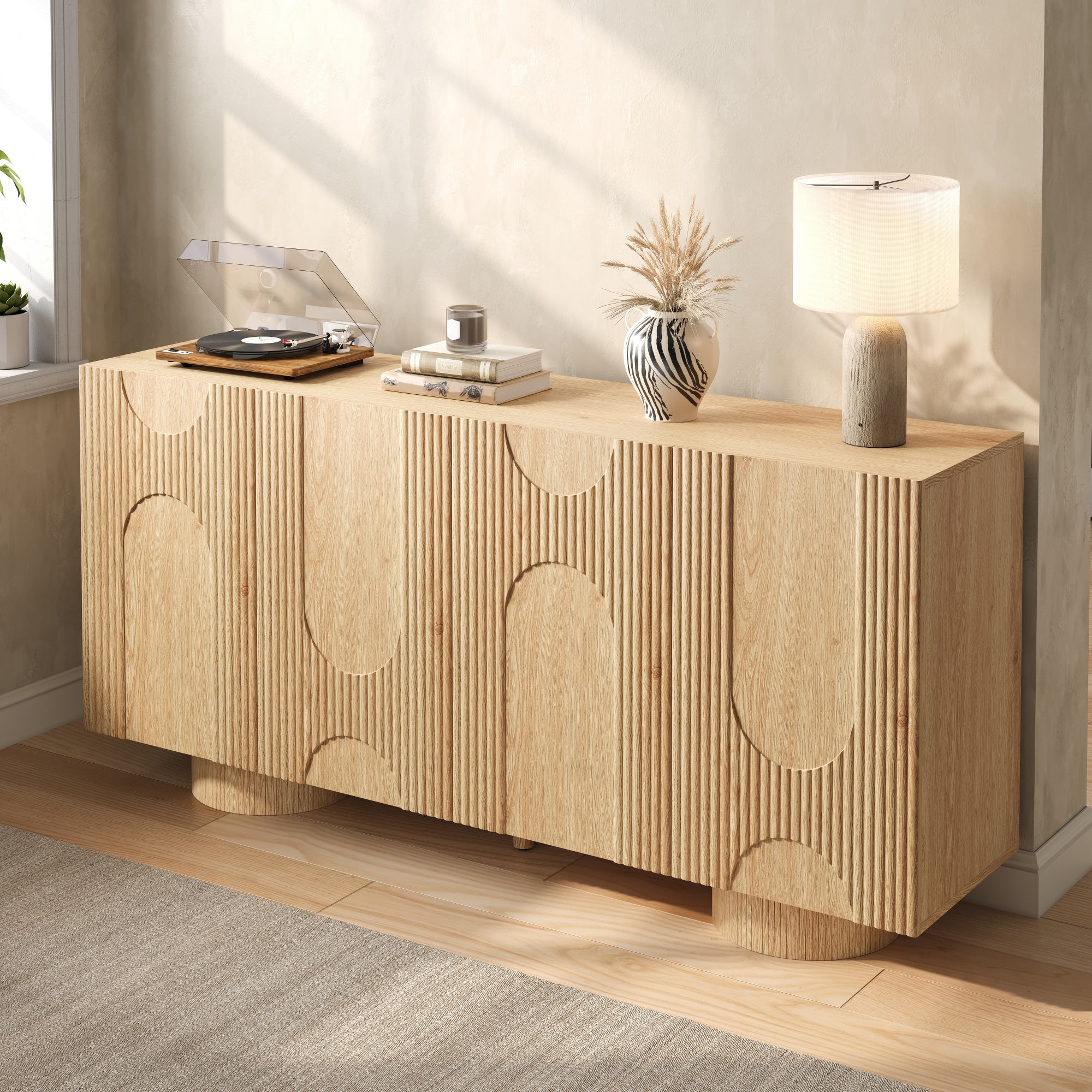 Komoda niska z 4 drzwiami i regulowanymi półkami - MDF + Bambus + Sosna - 160 × 38,5 × 76 cm - Drewno naturalne - 6