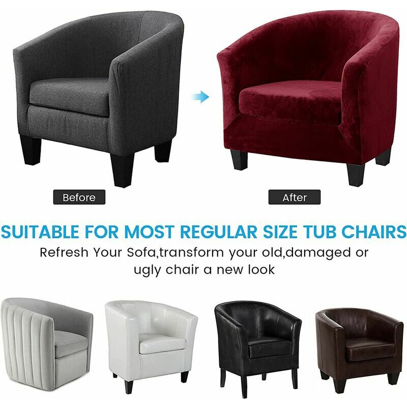 Velours Housse de Fauteuil Club Ensemble de Deux Pièces Extensible Salon Cabriolet Tub Chair avec Housse de Coussin (Vin Rouge) - 2
