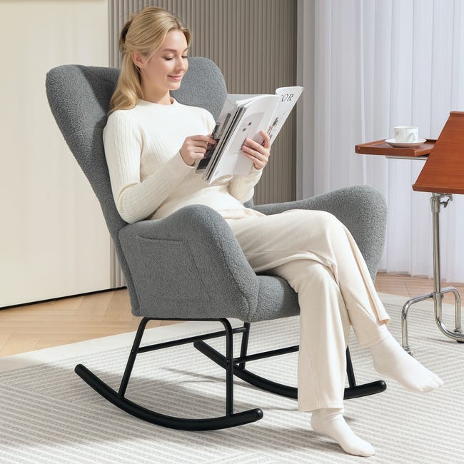 Fauteuil à Bascule Velours Avec Repose-pieds - Chaise D'allaitement Confortable, Dossier Haut, Poches Latérales