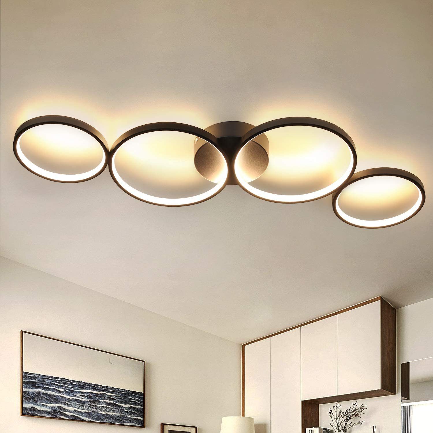NETTLIFE Plafonieră LED 37W 3000k Alb Cald Inneau Rond Modern Negru 89cm Lampă de birou Design pentru Cameră Salonul Couloar Birou Bucătărie