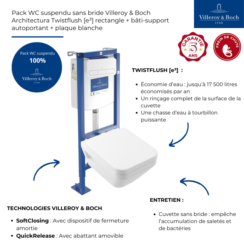 Pack WC suspendu sans bride Villeroy & Boch Architectura Twistflush [e³] rectangle + bâti-support ViConnect + plaque blanc - 3