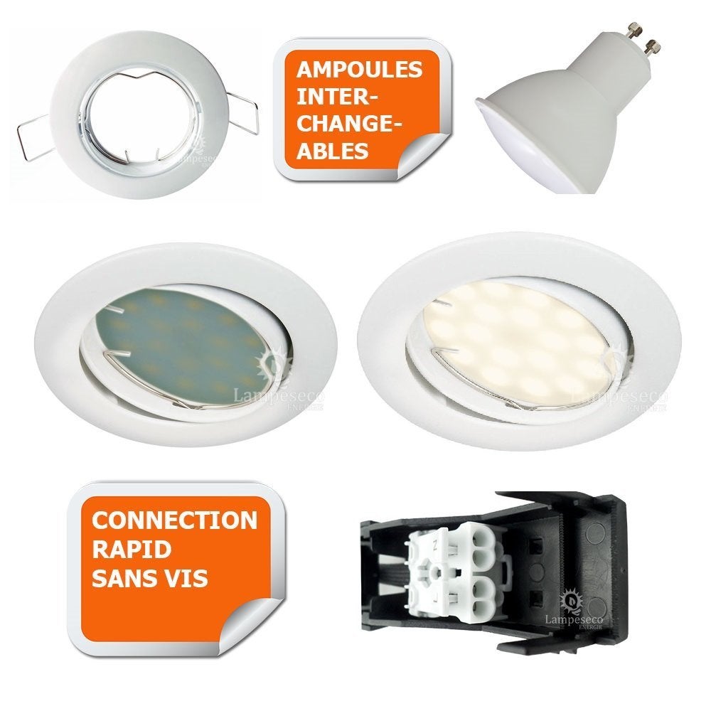 Lot de 2 Spot led orientable blanc avec ampoule gu10 230v eq. 50w, blanc chaud - 3