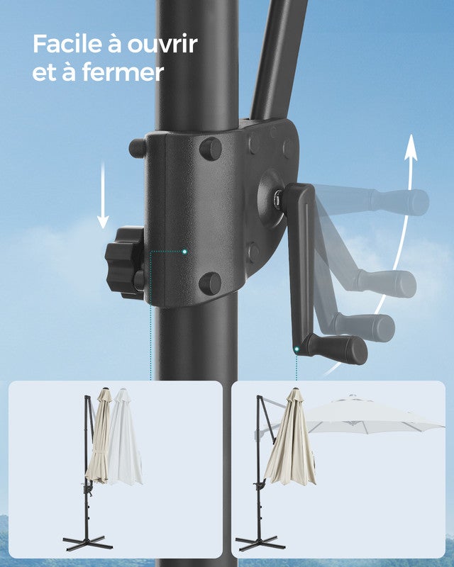 Parasol de Jardin 300 cm, UPF 50+, Parasol de Terrasse, Pivotant à 360°, Inclinaison Fluide, Manivelle, avec Base en Croix, Blanc Crème - 6