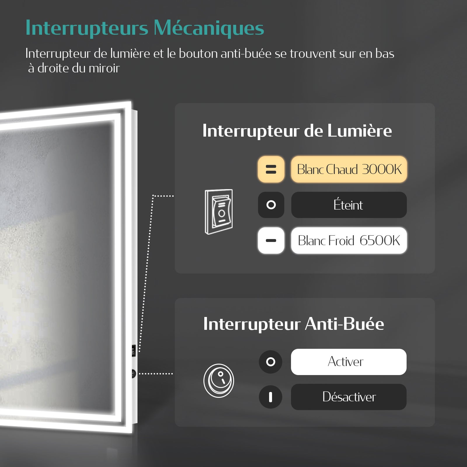 EMKE Miroir lumineux salle de bain 120x60cm, Miroir LED avec Interrupteur à bouton, Anti-buée, Miroir avec éclairage lumière Blanche Froide/Chaude - 3