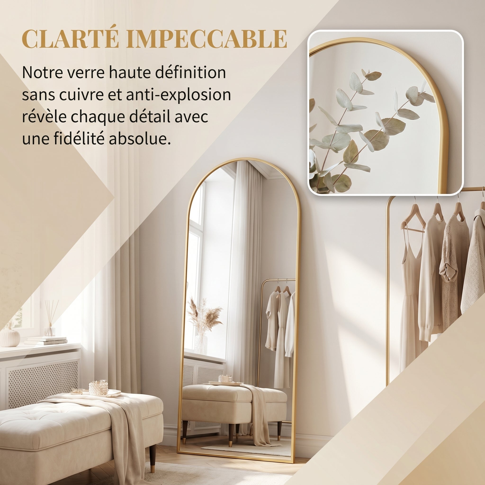 Miroir sur pied - l.53 x H.162 cm - Grand miroir incurvé HD - cadre en alliage d'aluminium - Miroir Mural haute définition en Verre Trempé - Doré - 8