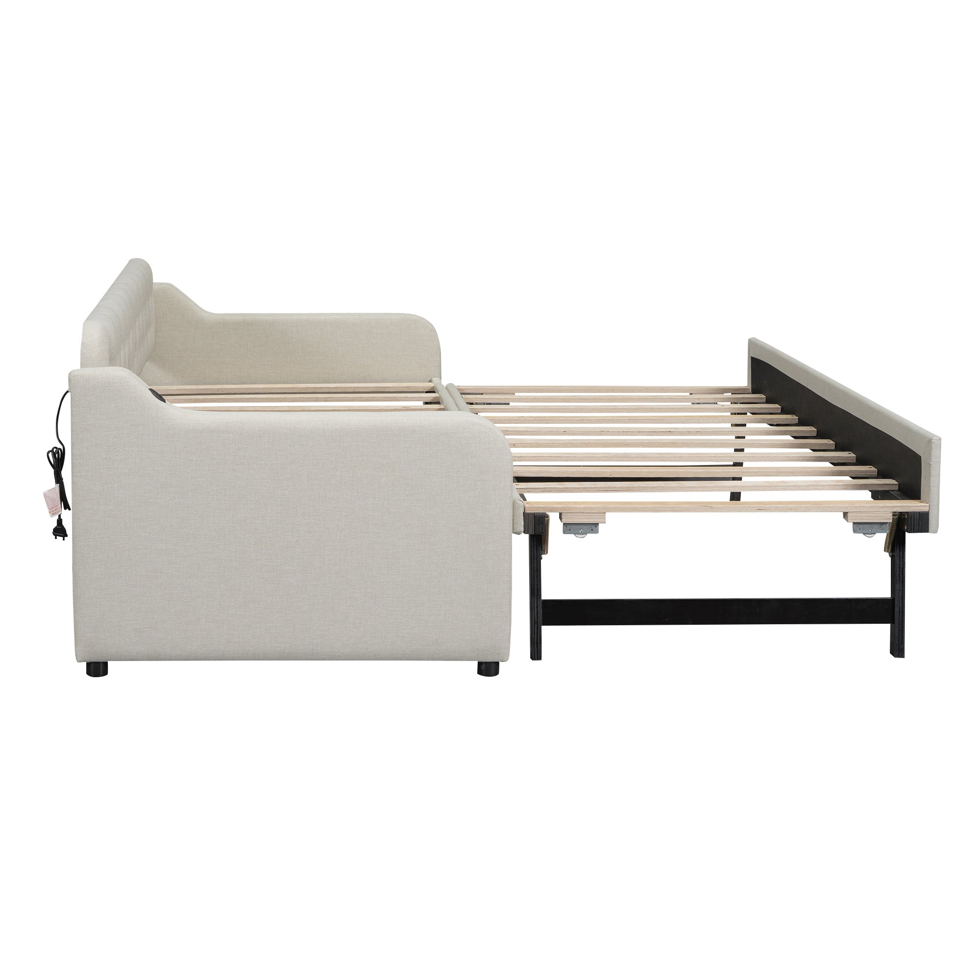 Lit gigogne 90x200cm - avec Port USB - tissu en Lin - Beige - 8