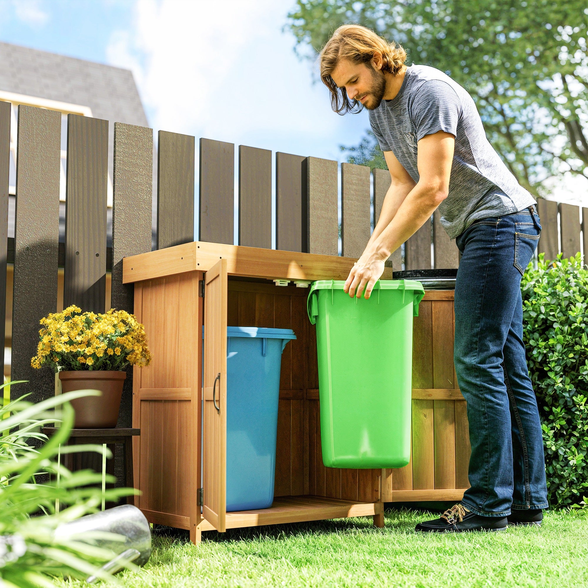 Outsunny Armadio Da Esterno Ripostiglio Da Giardino A 2 Ripiani Porta Attrezzi Con 2 Ante Legno 74 × 43 × 88cm - 9