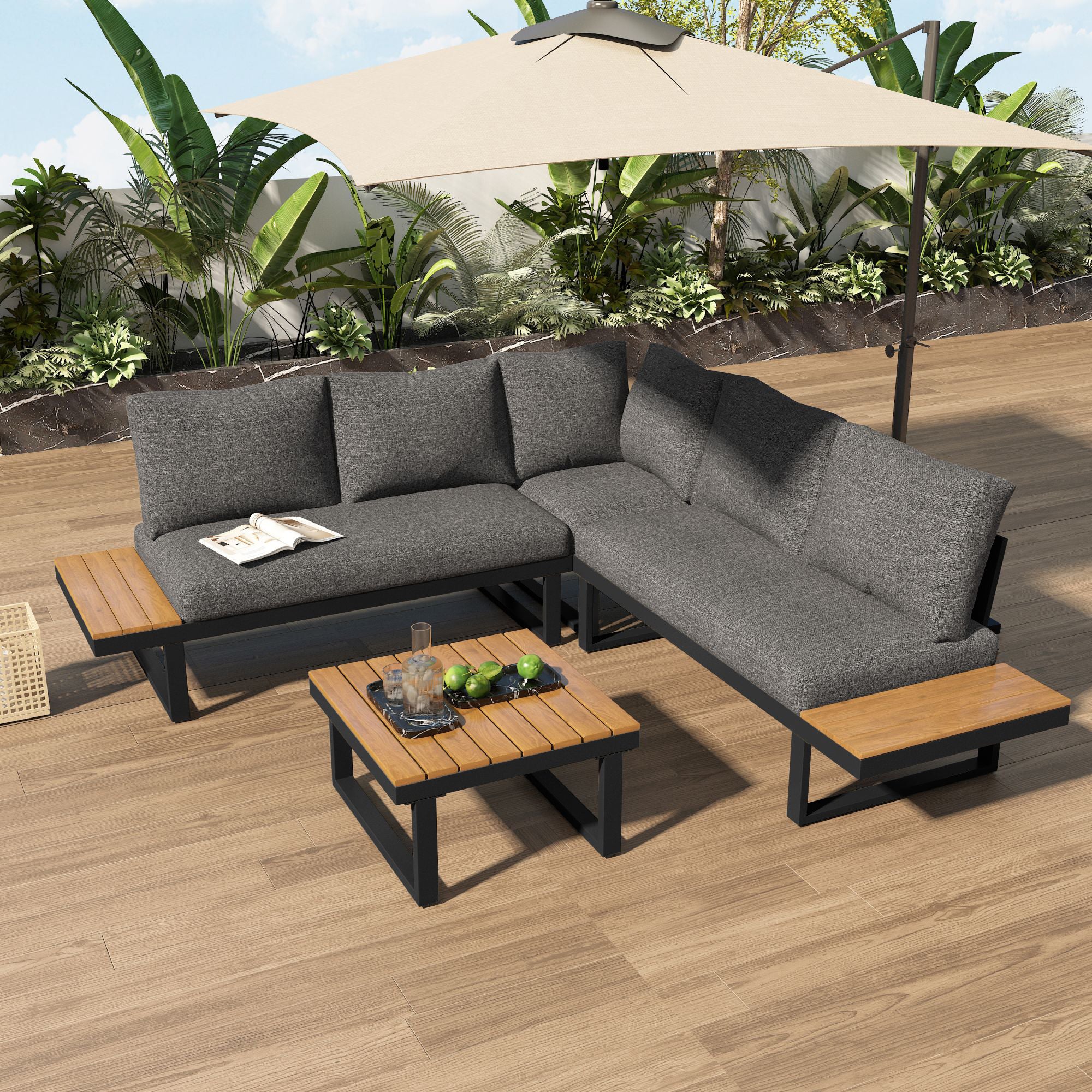 Ensemble de relaxation de jardin, position d'angle, chaise longue réglable (5 niveaux de réglage, max. 55°), avec table basse, gris + noir - 2