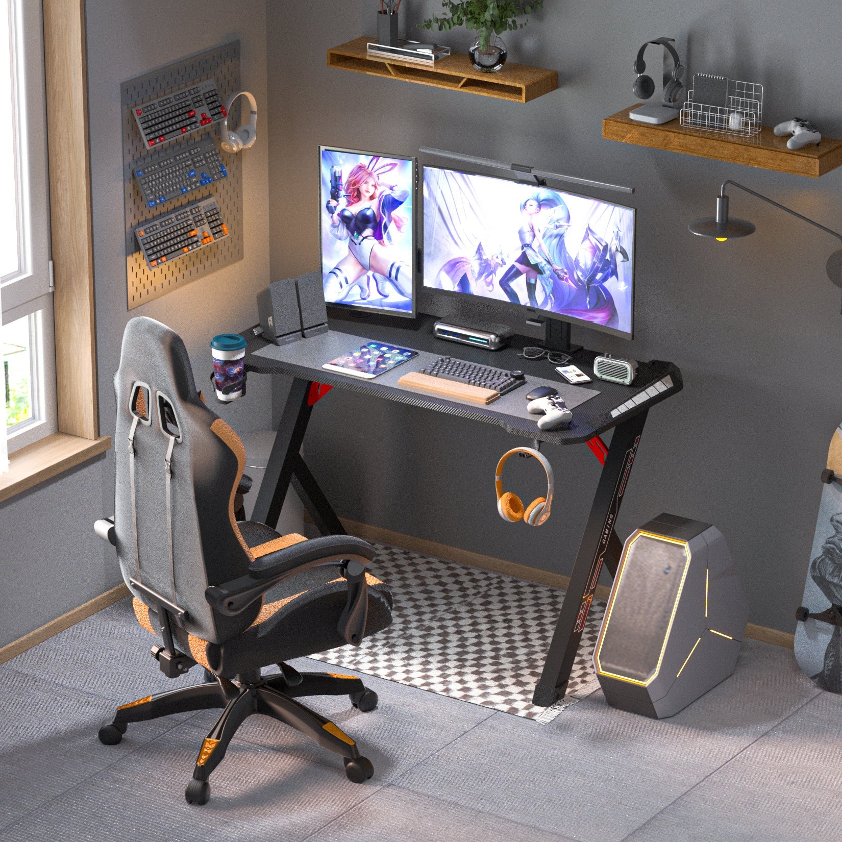 Bureau Gaming ‎120 x 60 x 78 cm Bureau Gamer Ergonomic avec Lumières Ambience en Forme de R Table Gaming avec support Casque et Porte-gobelet - 3