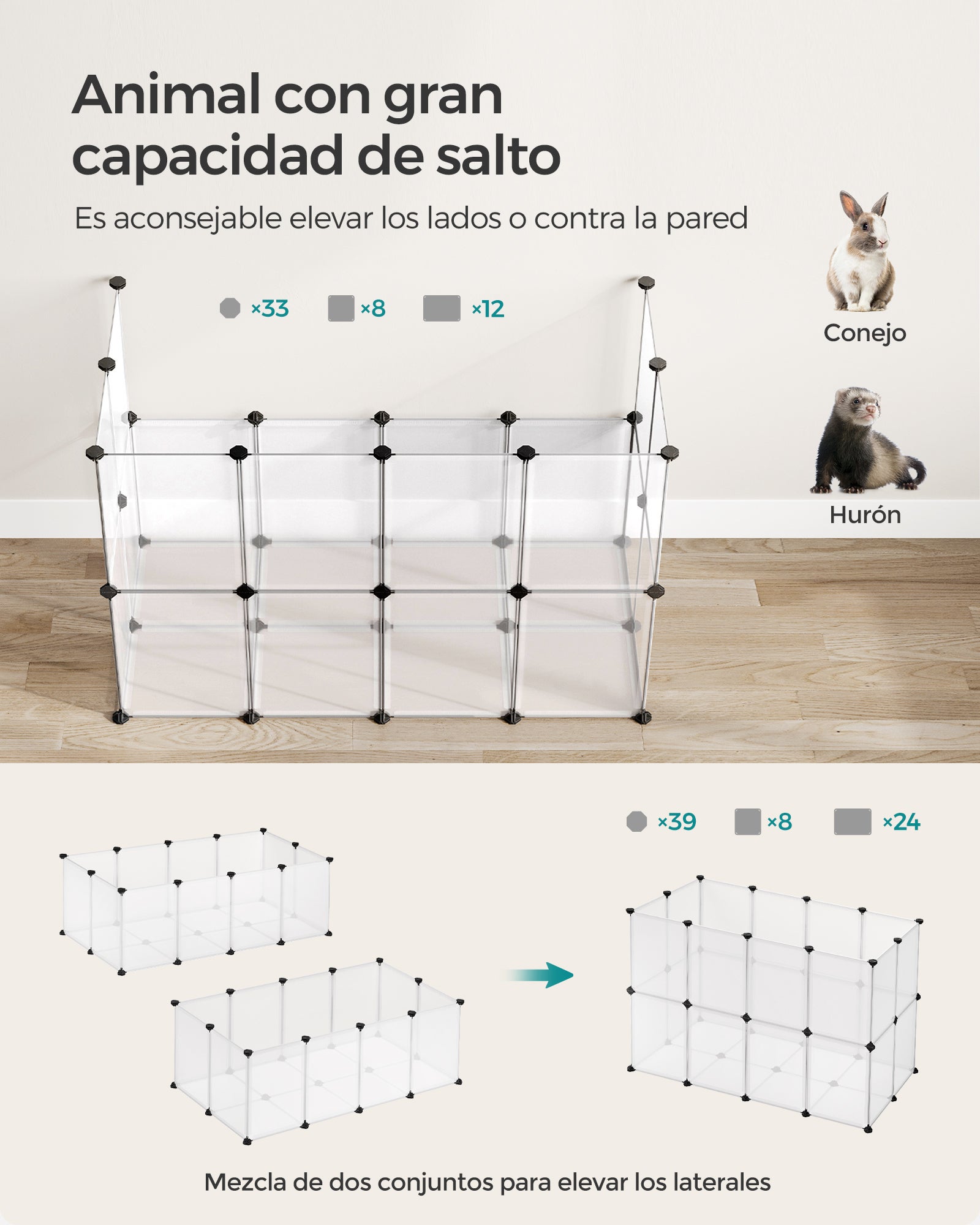 Valla para Mascotas, Parque para Cobayas con Suelo, Recinto Interior de Plástico Transparente, 125 x 63 x 42 cm, Blanco - 4
