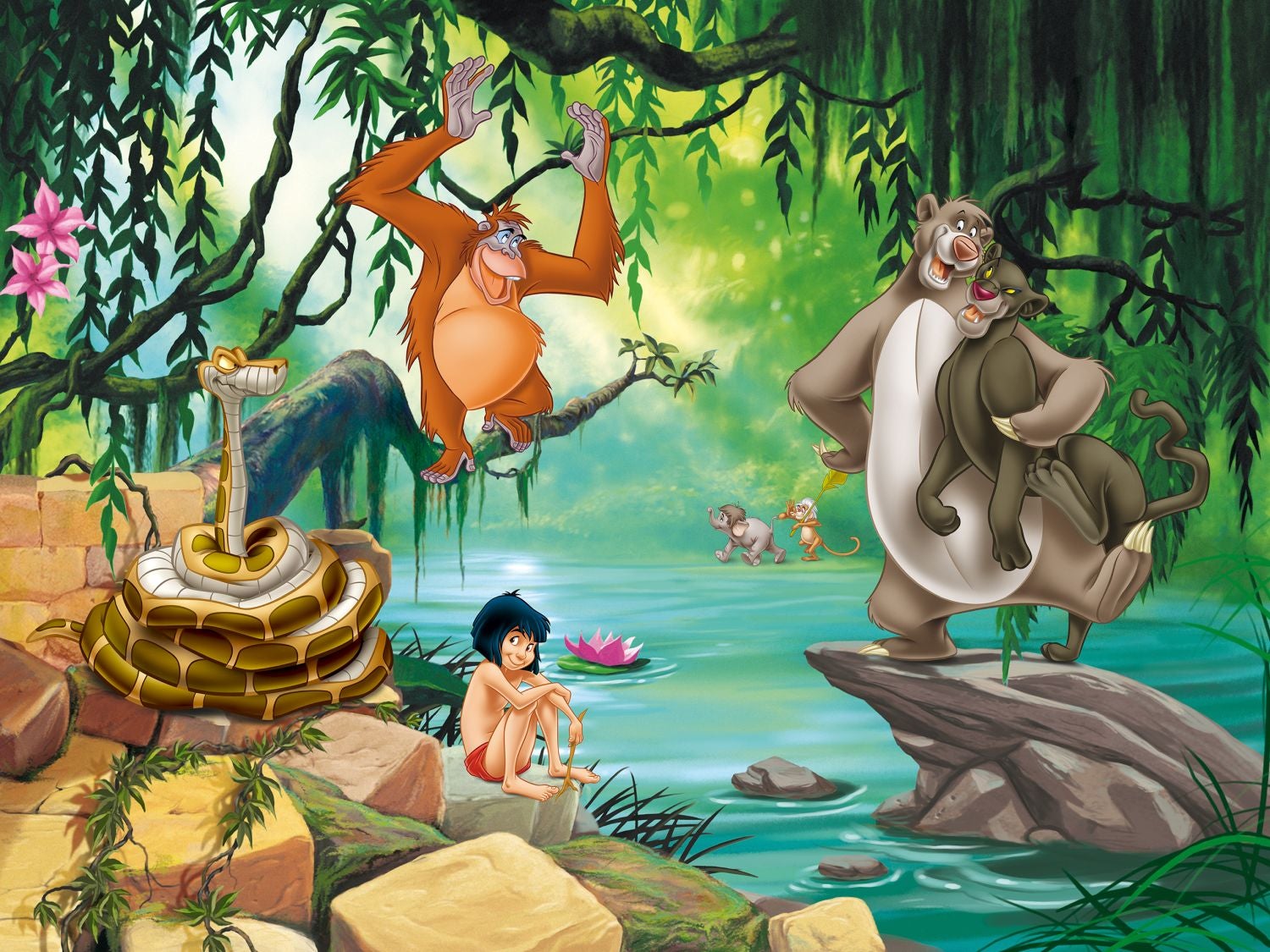 Fotomural el libro de la selva verde, azul y beige - 360 x 270 cm - disney