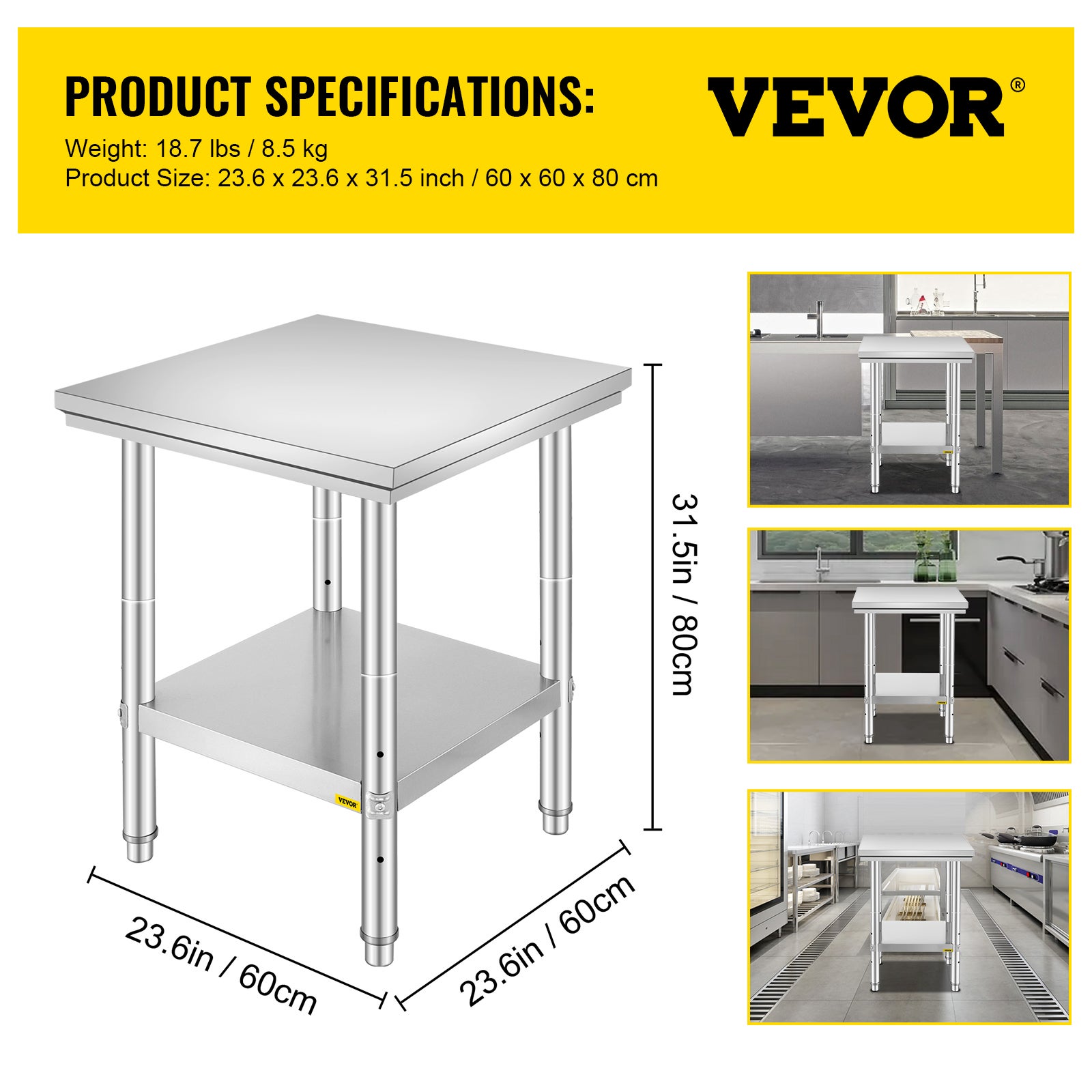 Table de Travail Cuisine Inox VEVOR 60x60x80 cm Plan de Travail Cuisine en 2 Etages Table de Travail en Acier Inoxydable pour Préparation de Cuisine - 7