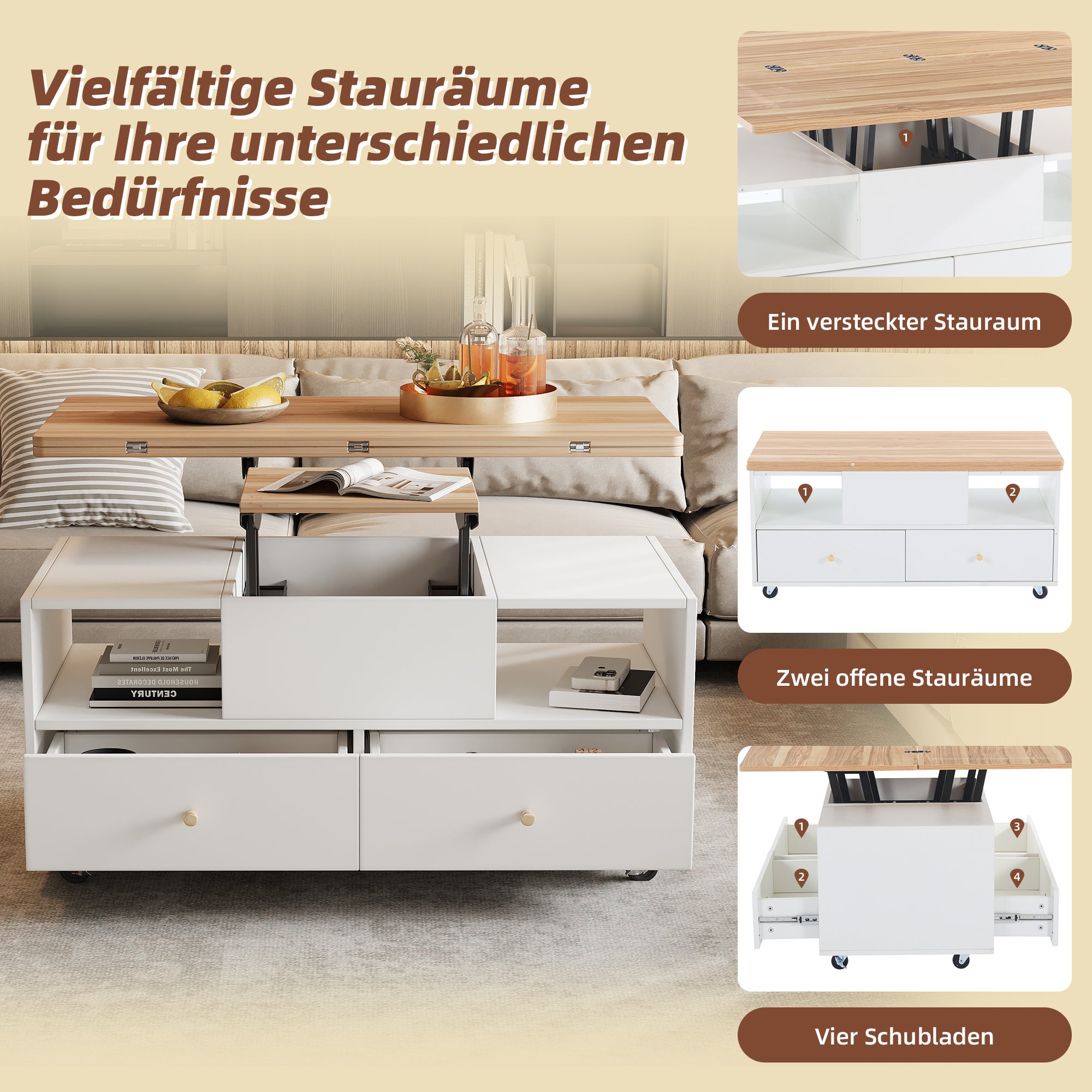 Table basse relevable mobile avec 4 tiroirs et 2 compartiments - 100 x 50 x 47,5 cm - MDF - Blanc + naturel - 8
