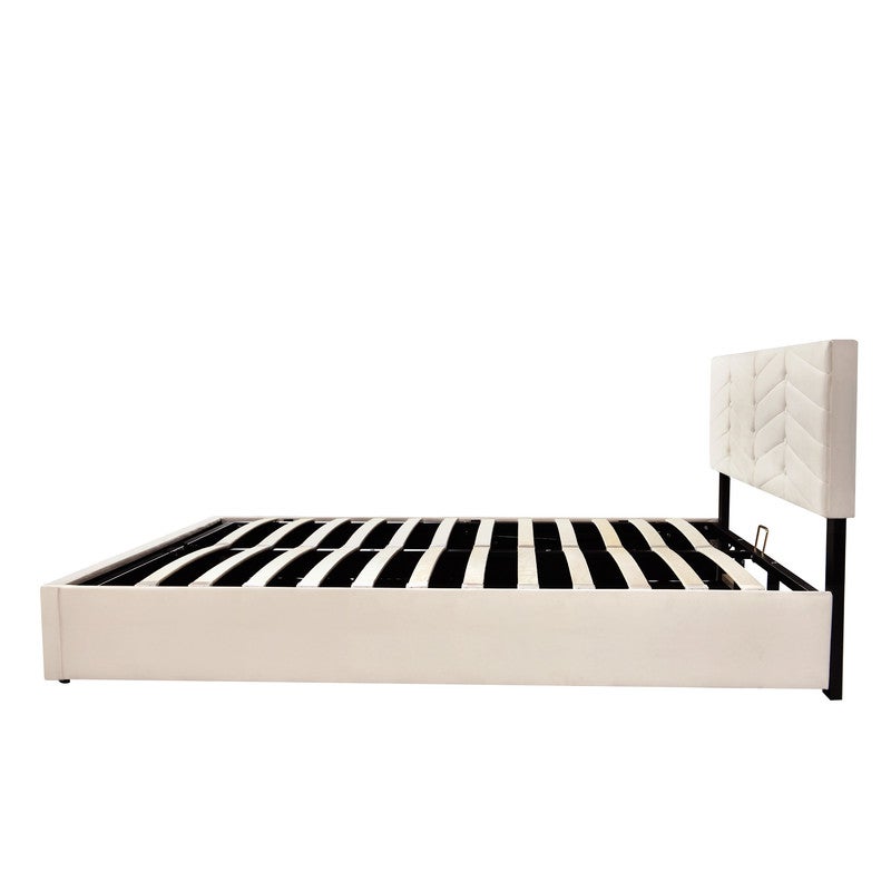 Cama 140x190 con somier, Cama tapizada 140x190 con cabecero regulable, Cama canapé 140x190 con espacio de almacenaje, Terciopelo beige - 5