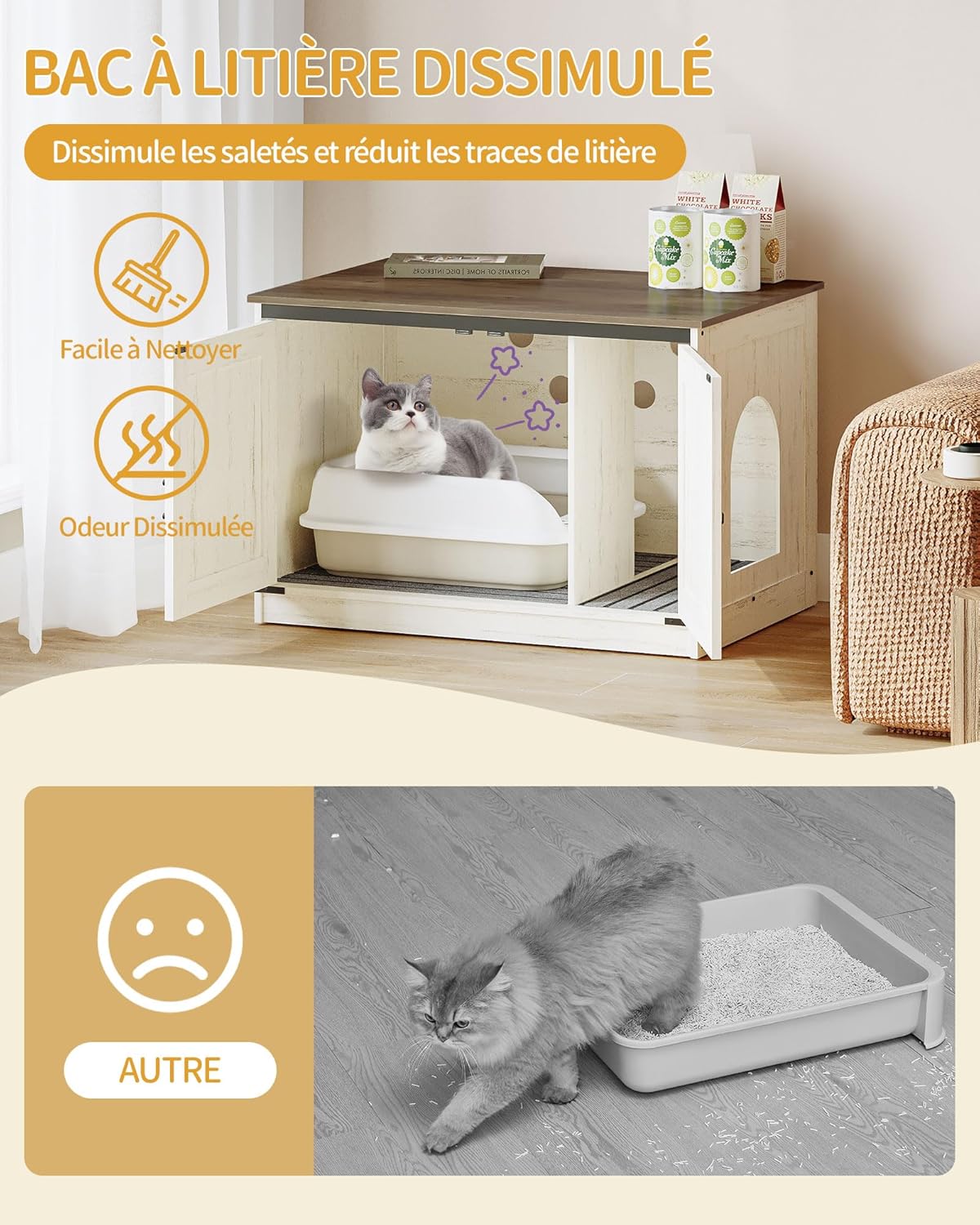 Caixa de areia para gatos, armário para areia com divisória amovível, casota para gatos, entrada reversível (esquerda ou direita), castanho e branco. - 4