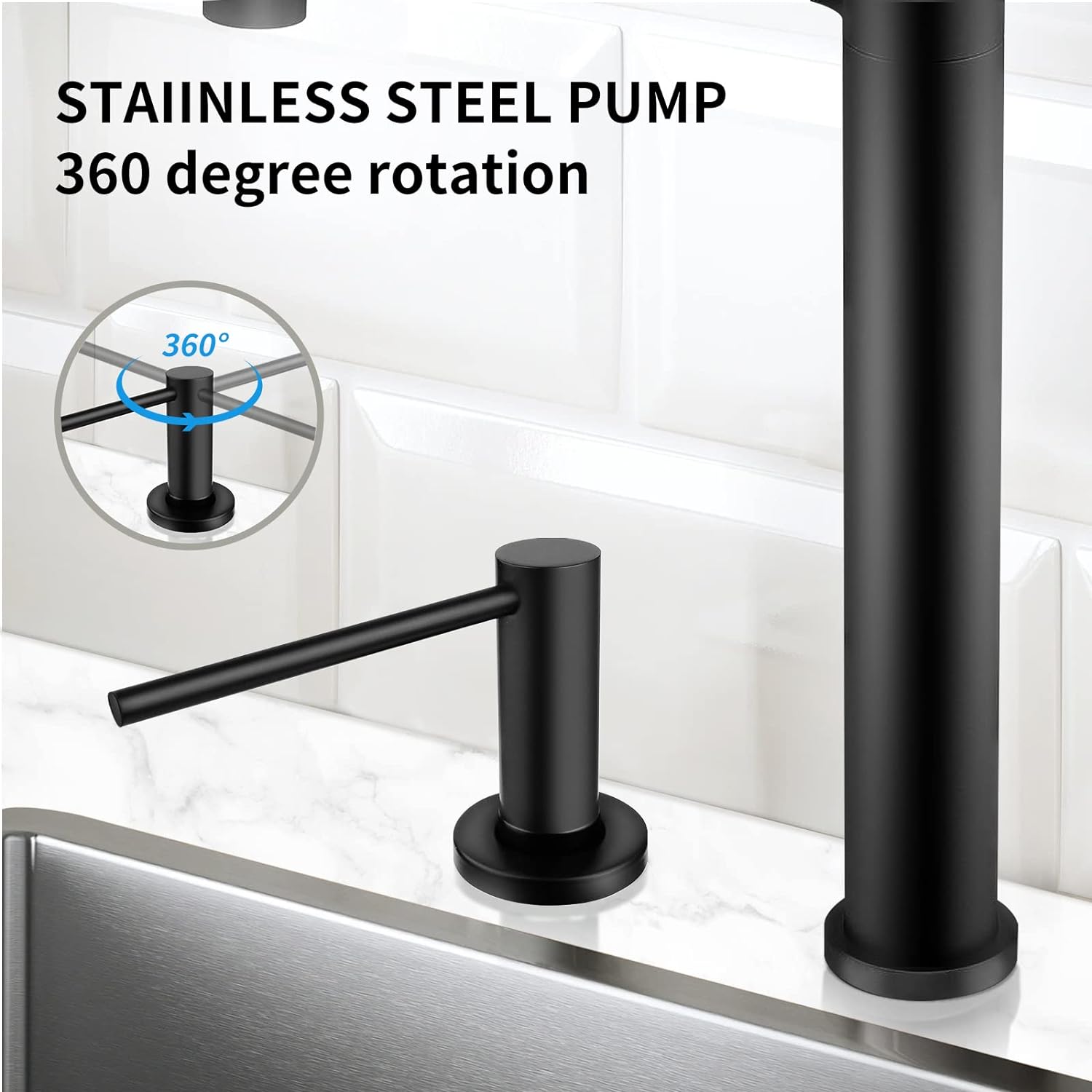 Distributeur de savon encastrable pour cuisine et salle de bain avec pompe en acier inoxydable, remplissage par le haut, noir - 5