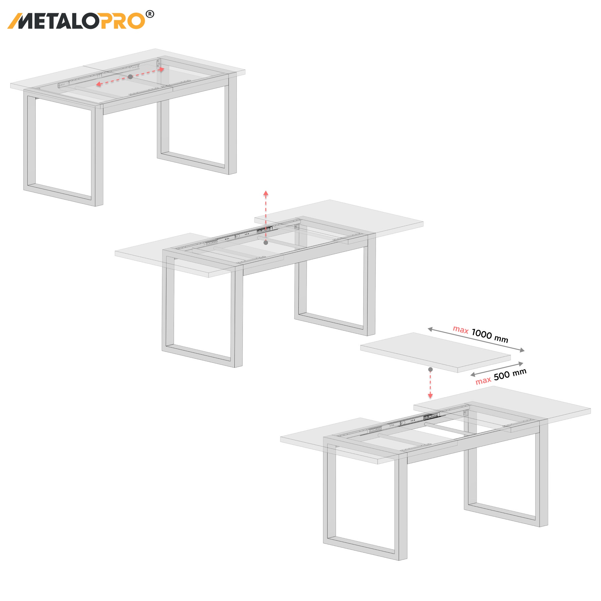 MetaloPro Eta Split - Pied de table extensible, stable, parfait pour salle à manger, salon ou cuisine, cadre en métal durable - 4